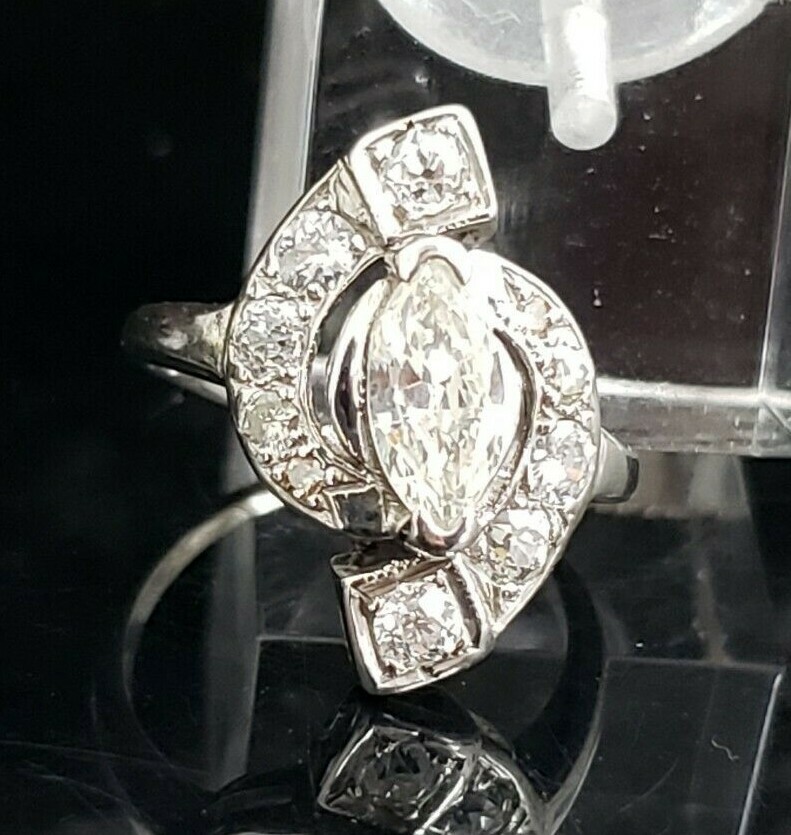 Antique 14 Karat White Gold 1.00 CTW Marquise Diamond Engagement Ring. #VR67
