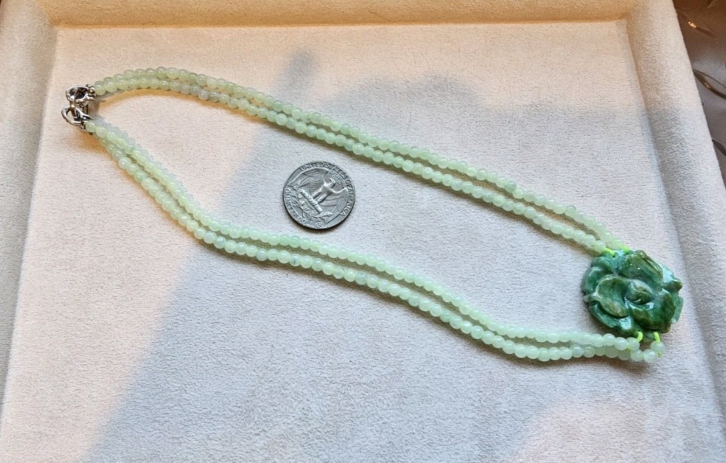 Certified Burma Grade A Jadeite Flower Pendant Green Bead Necklace