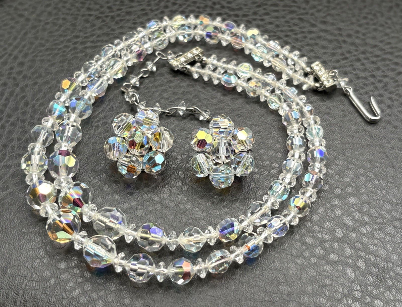 Vintage Aurora Borealis Crystal 2 Double Strand Necklace & Clip-On Earrings Set