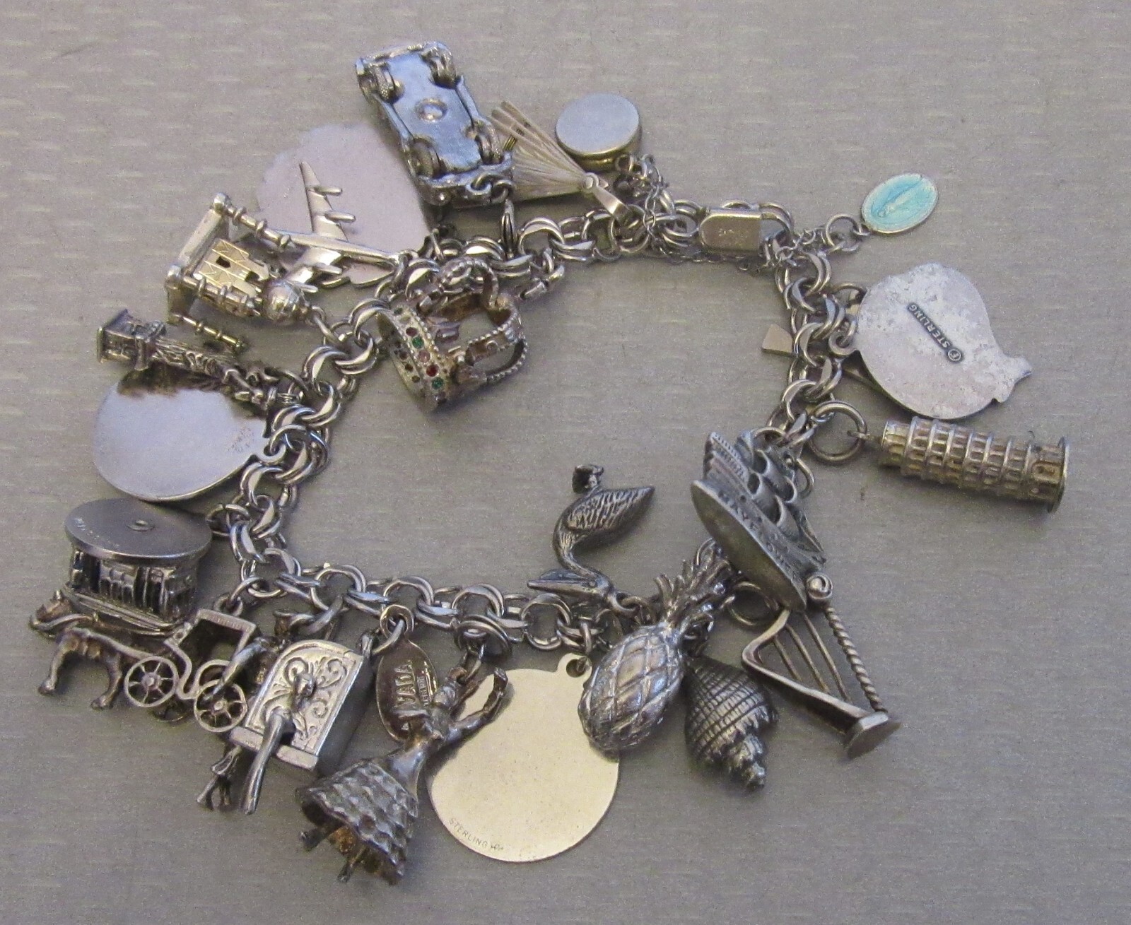 Vintage Sterling Silver Charm Bracelet Loaded 24P Buildings Travel 3D Full 92g
