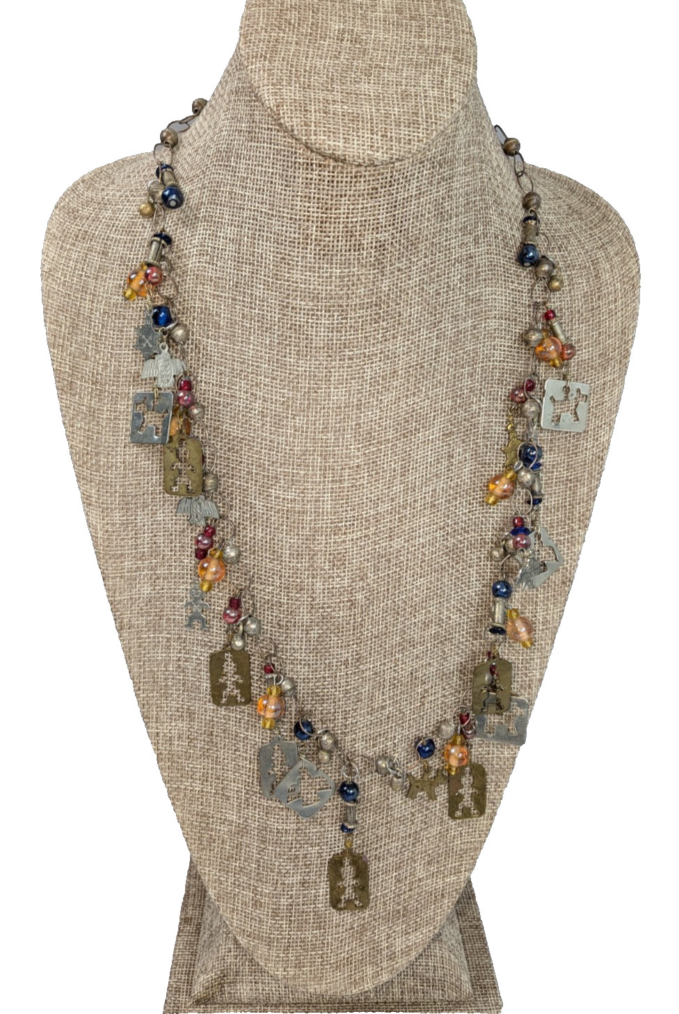 Vintage 70s Milagros Charm Necklace, Brass & Silver w/ Glass Beads, 26.5”