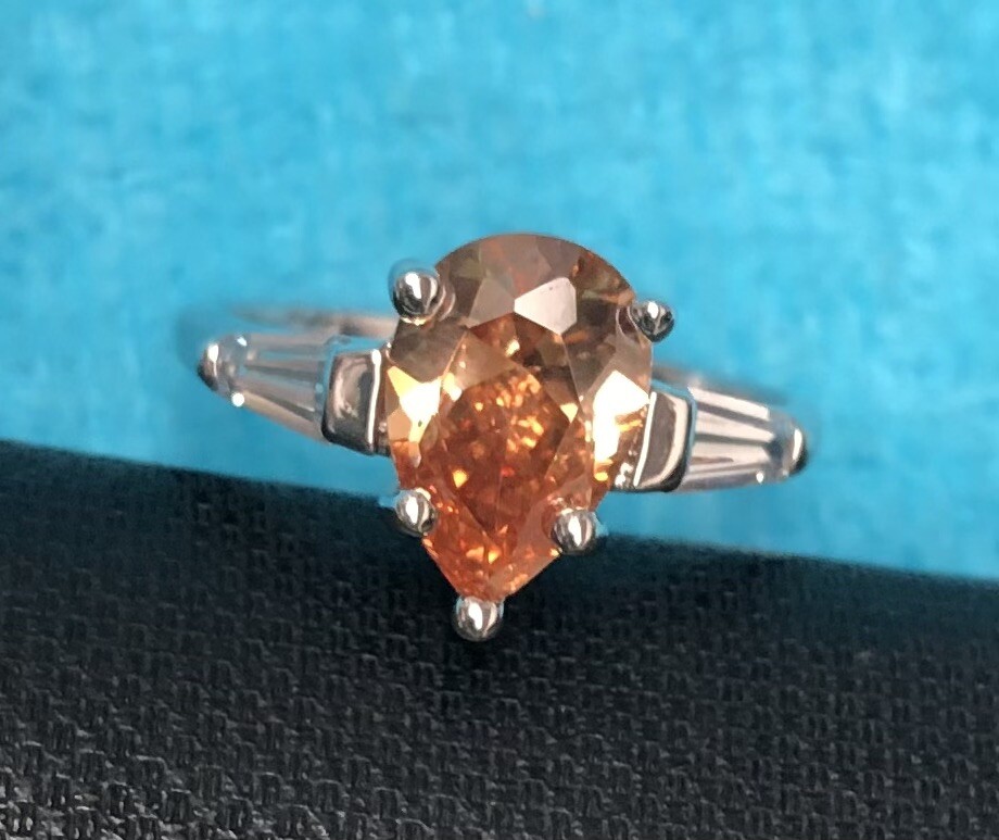 Sterling Silver – Amber Citrine Color Pear Shape Cubic Zirconia Shiny Band Ring