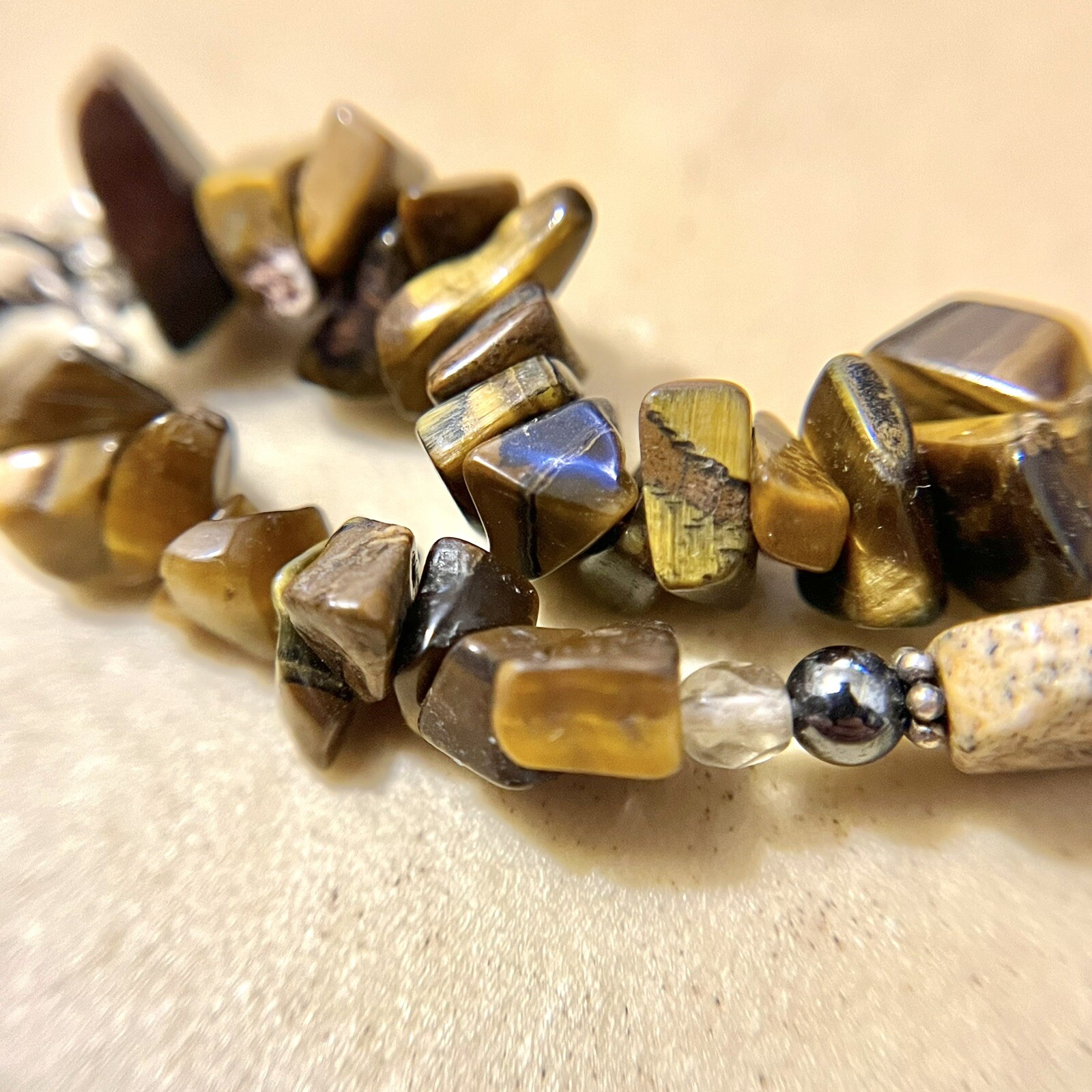 Vintage Asian Jade Carved Stone Pendant, Tigers Eye Beads, Sterling Silver Clasp