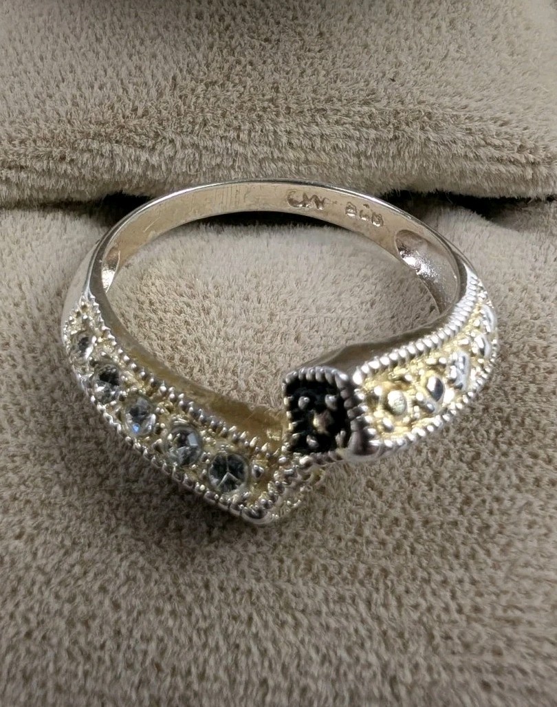 Charles Winston CW Sterling Silver Marcasite CZ Two Toned Bypass Ring Sz 7.5