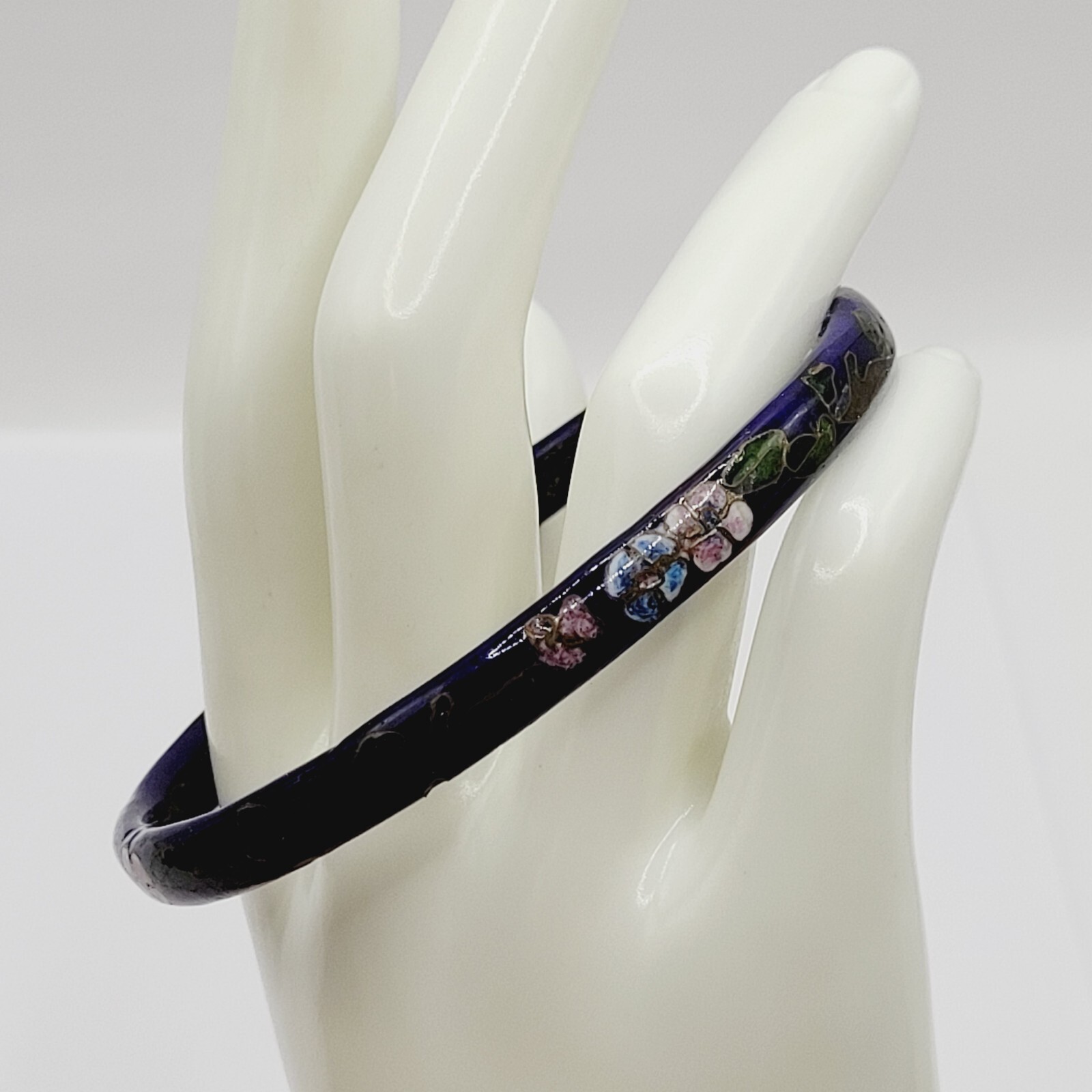 Cloisonné Asian Inspired Dark Cobalt Blue Floral Hand Painted Bangle Bracelet