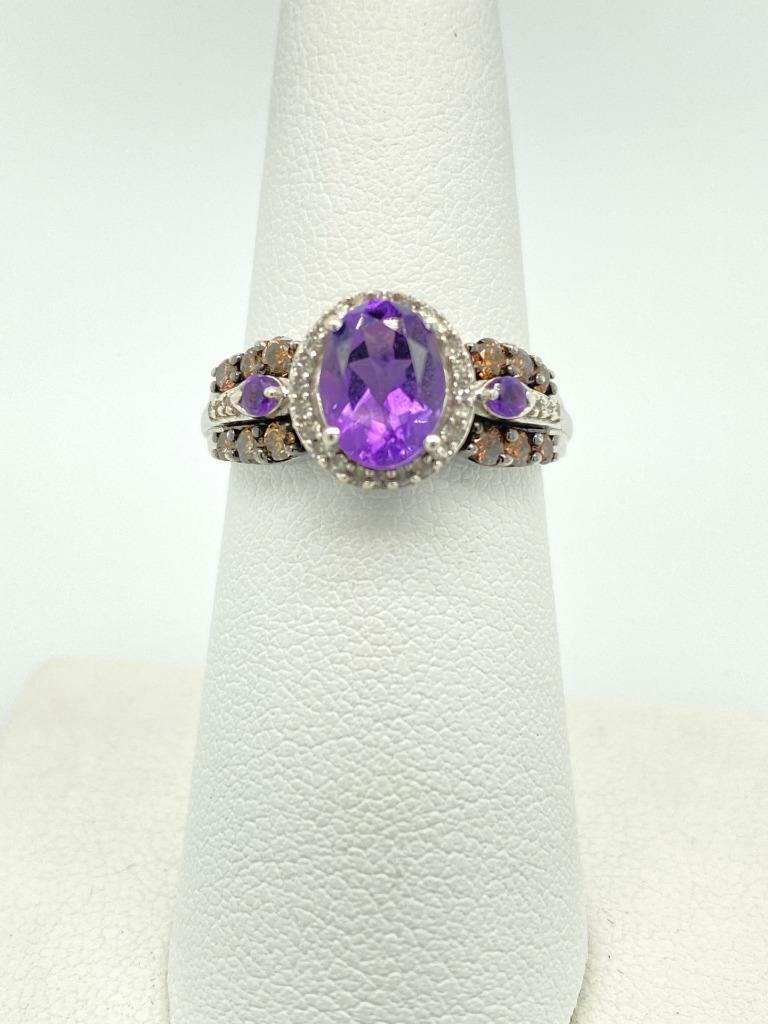 Vintage JW Brine 10k White Gold Amethyst Champagne Diamond Ring Sz 7
