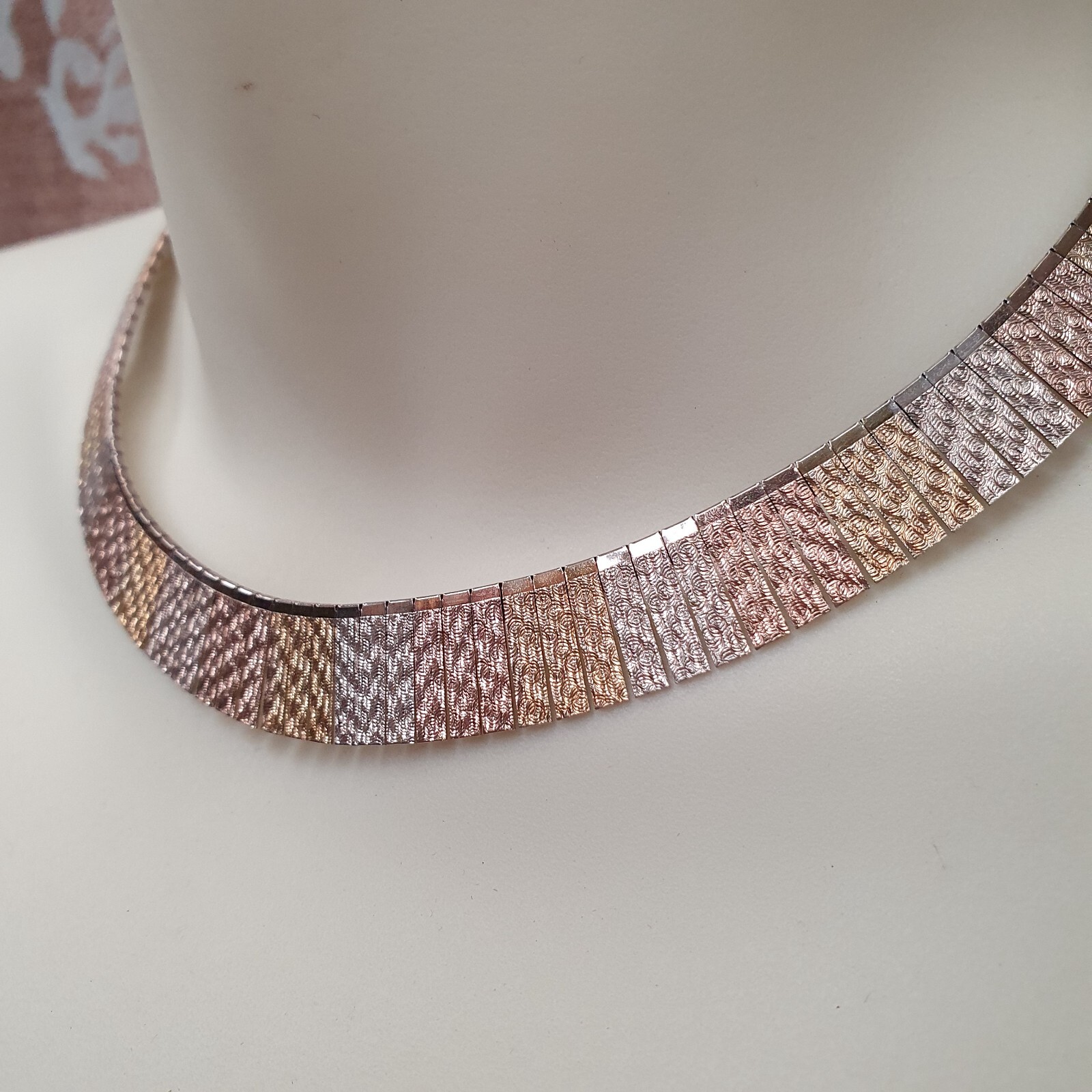 Vintage 3 toned sterling silver, rose and yellow gold plated collar necklace