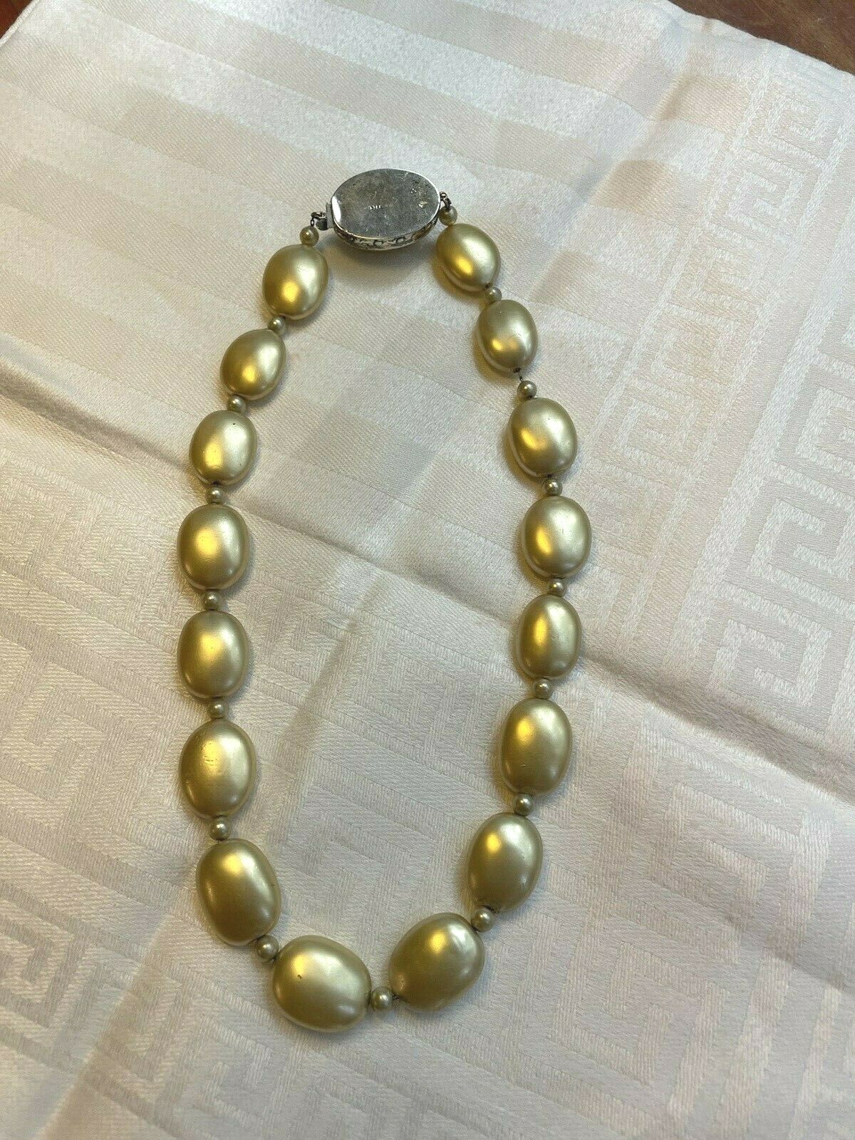 Vintage Sterling Silver Champagne Pearl Disk Necklace 16″