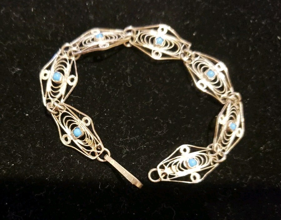 Vintage 6″ Filigree Silver Tone Bracelet With Small Blue Stones