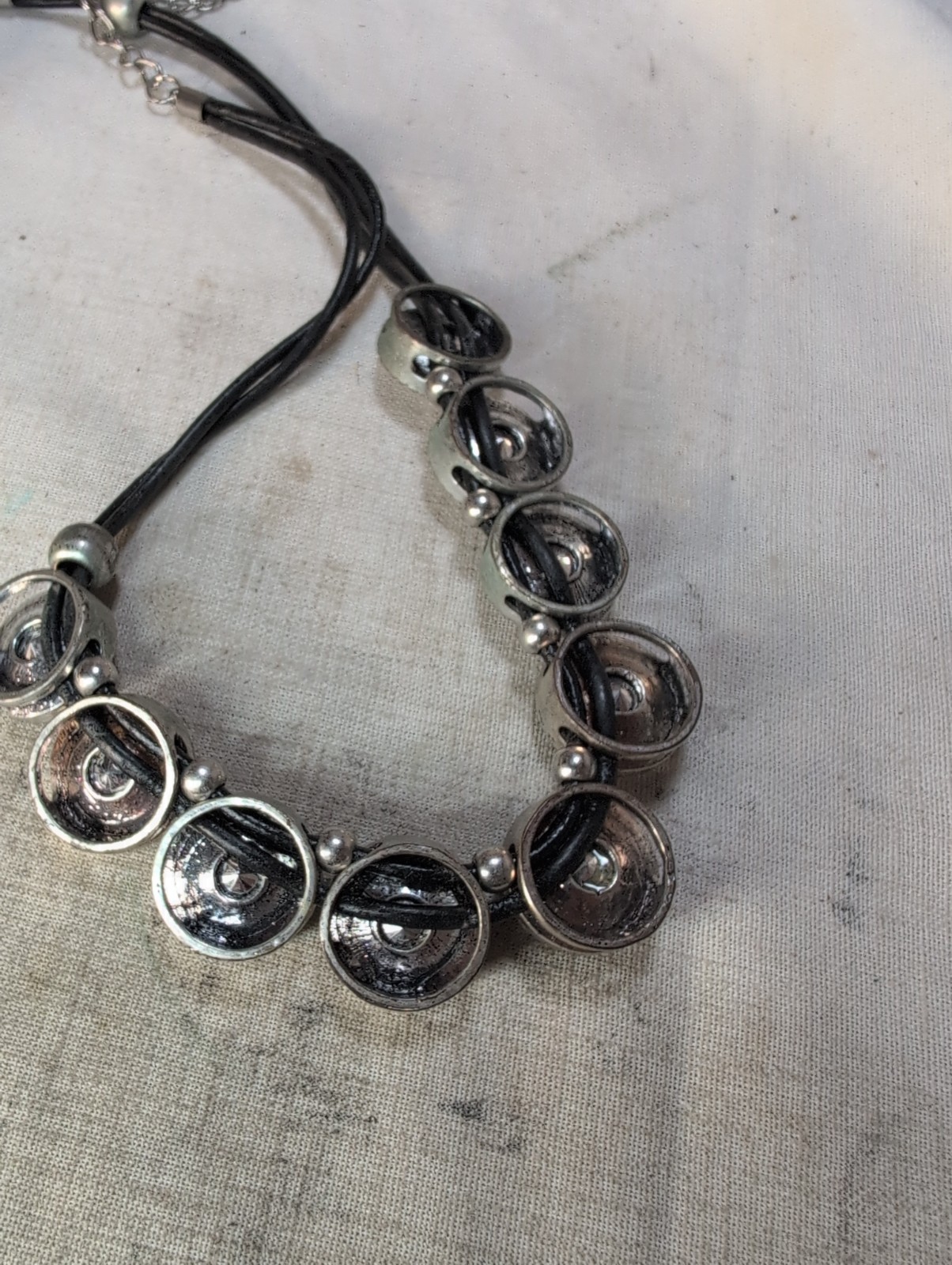 Leather Corded Rhinestone Scoop Necklace With Chunky Stones