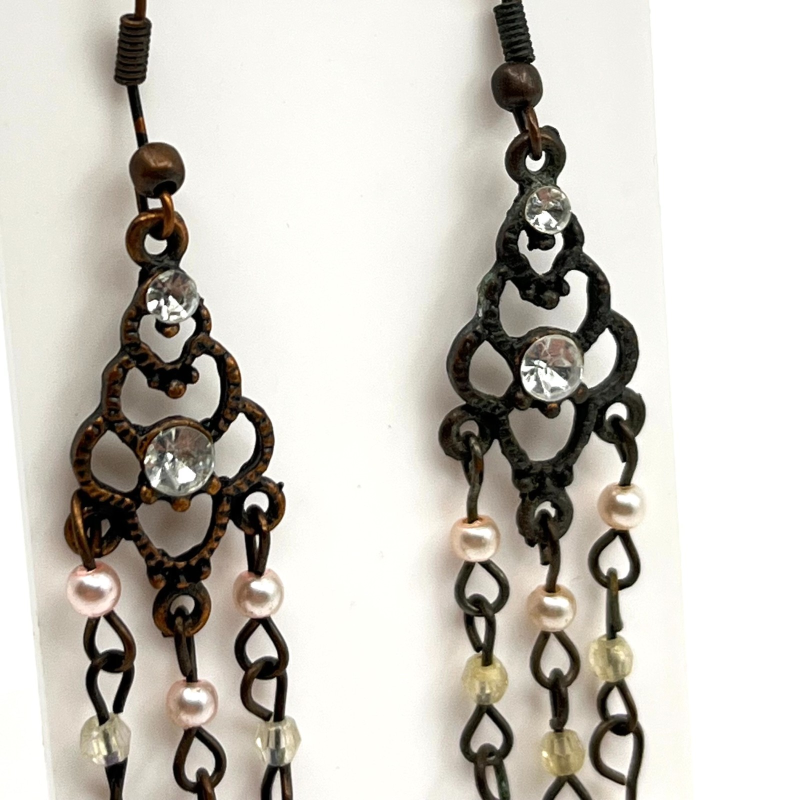 Vintage Antique Bronze Tone Chandelier Earrings Faux Pearl Rhinestone Dangle Y2K