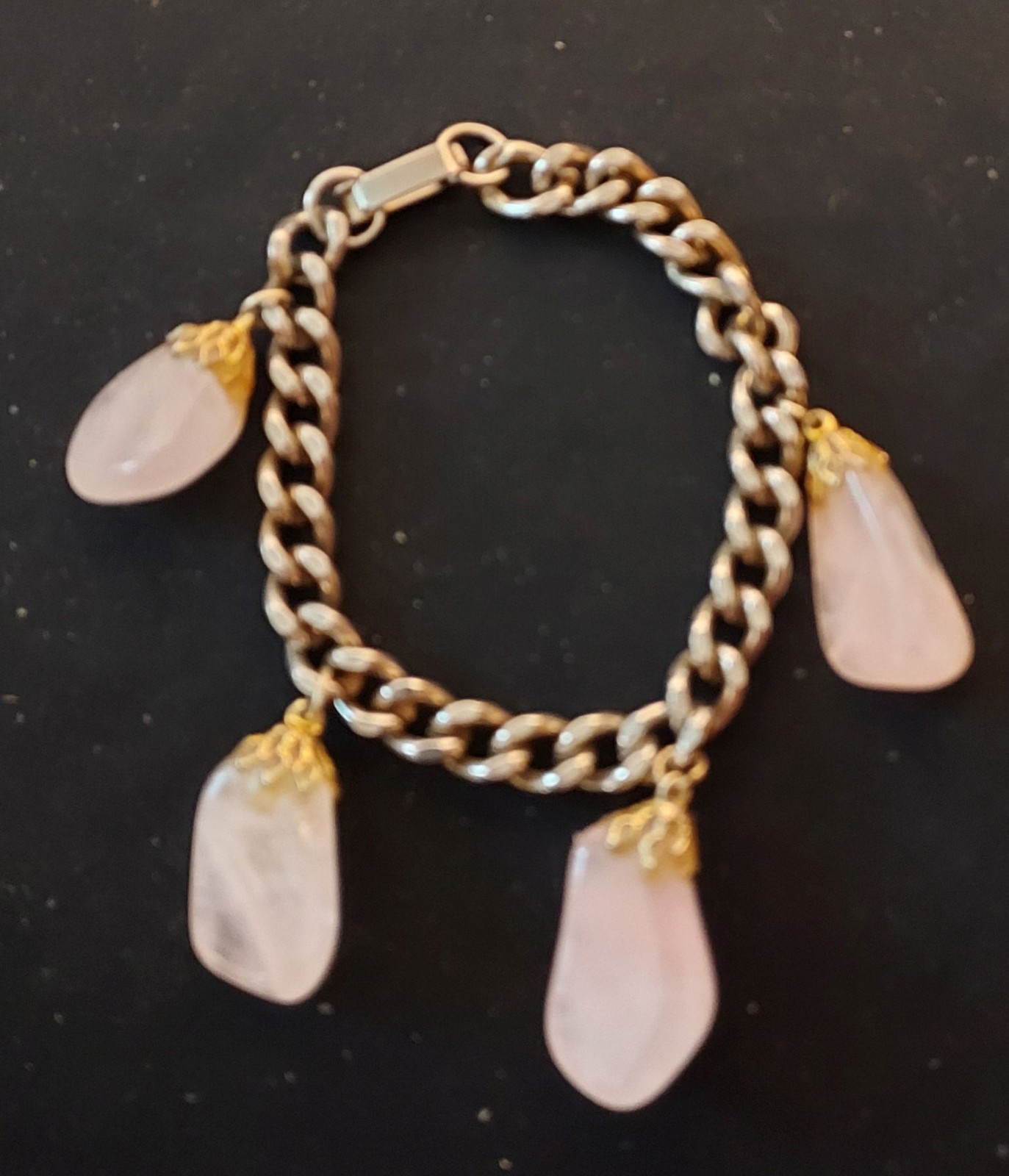Vintage 7 Inch Rose Quartz and Metal Bracelet – Four Large Stones – STUNNING!