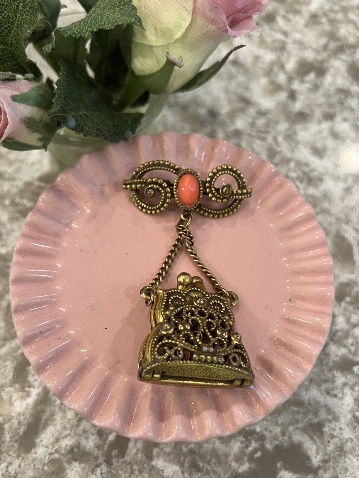 Pin Brooch Filigree Purse Coral Color Stone Dangle Pin