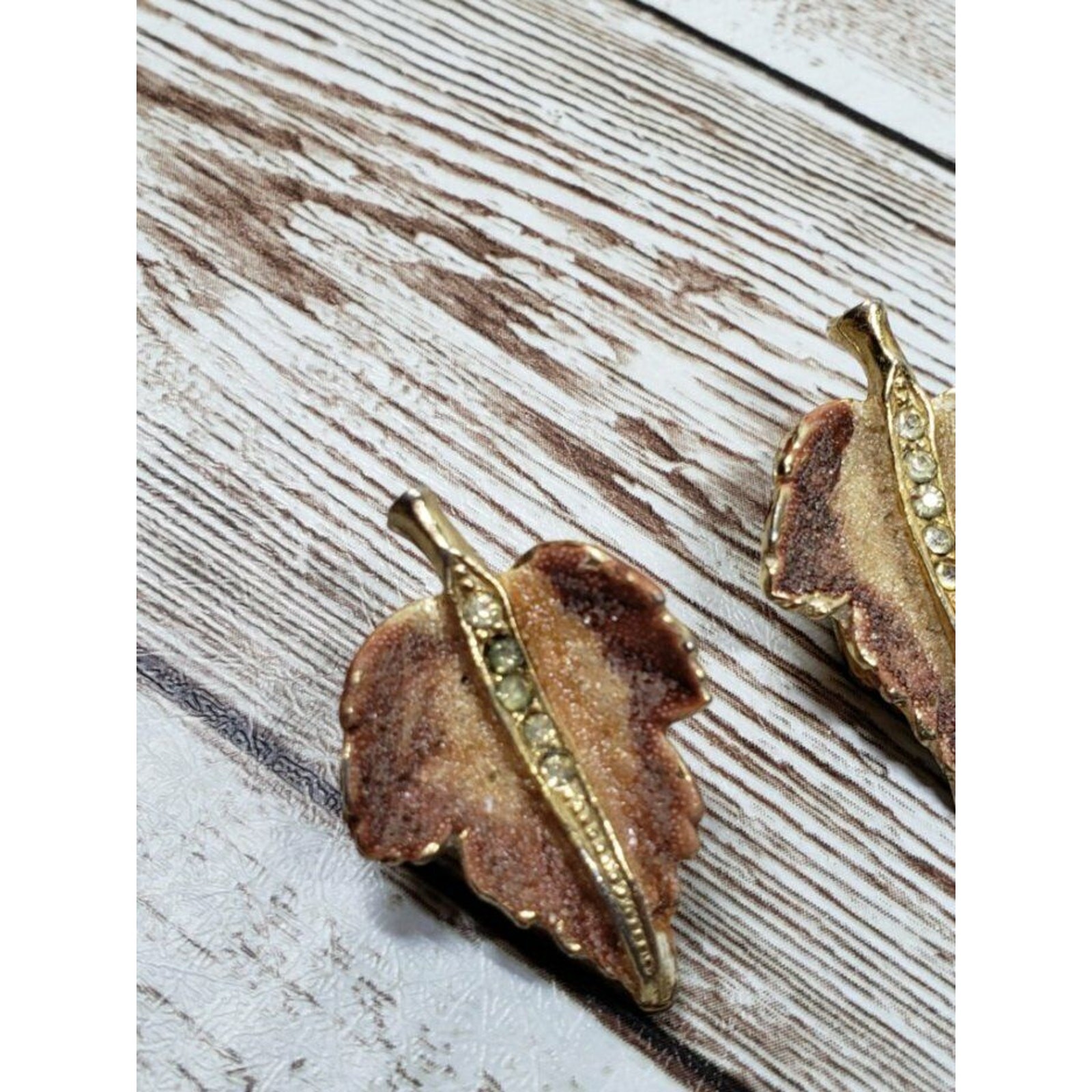 Vintage Clip On Earrings Leaf Earrings with Gold/Red Dusted Texture