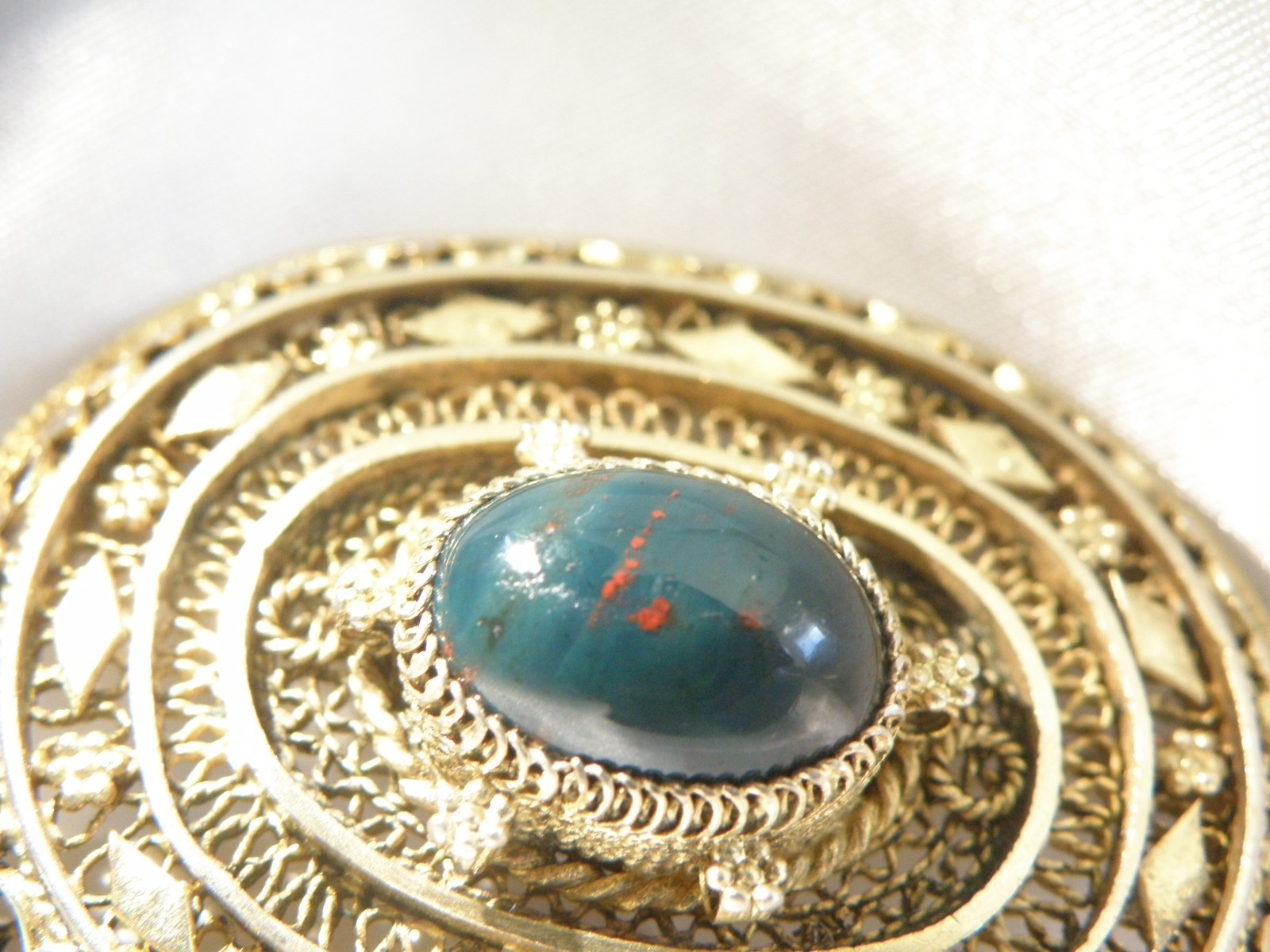 Vintage Silver Gold Plated Natura Bloodstone Large Filigree Brooch