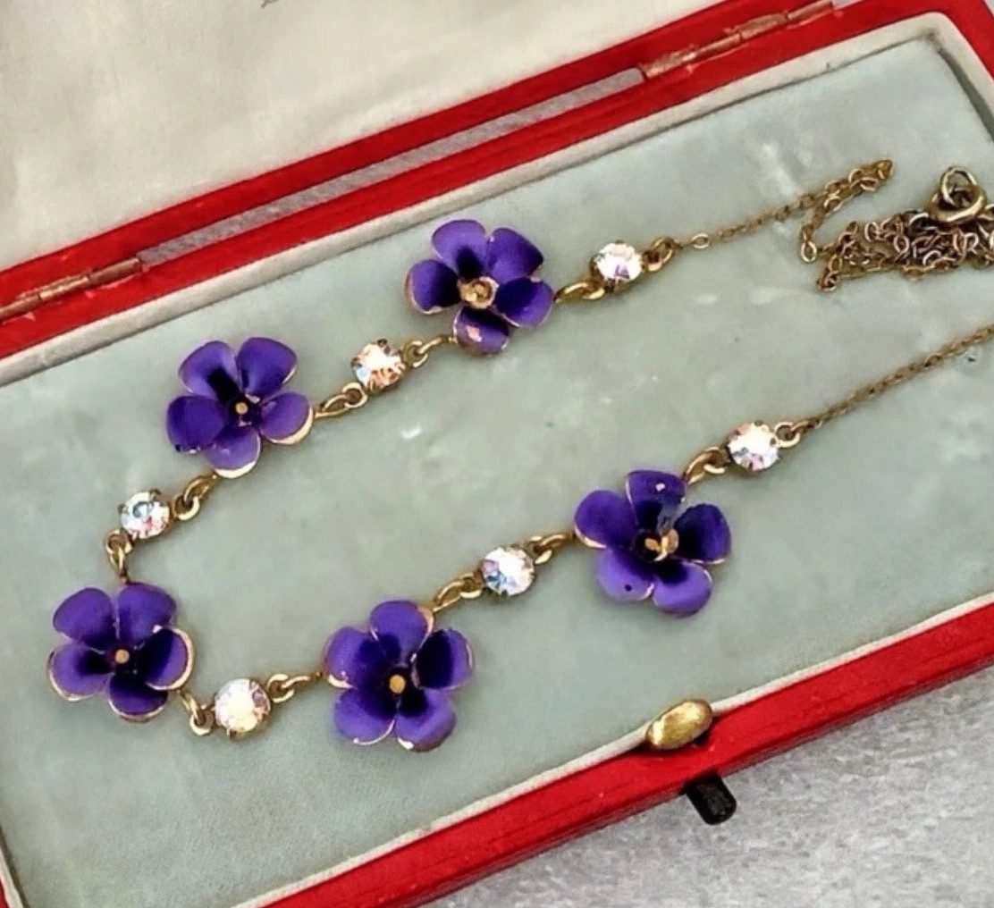 Antique Edwardian Revival Mid Century Modern Enamel Pansy Necklace Violet