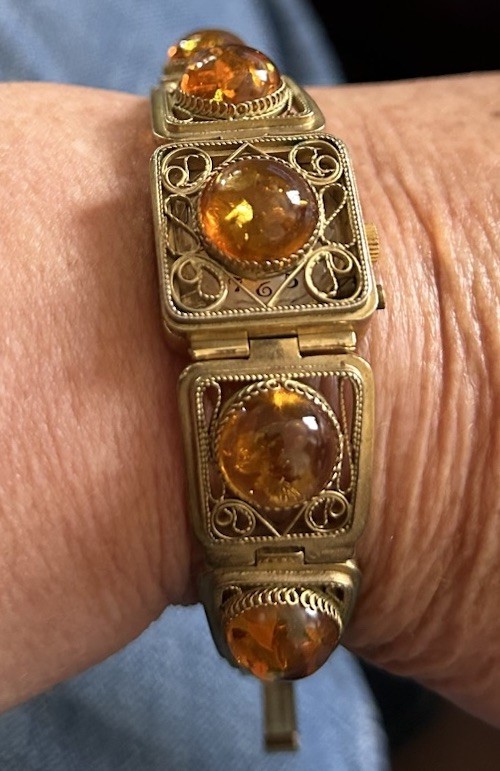 Vintage MCM Chika Baltic Amber Gold Plated 1950s USSR Hidden WATCH Bracelet