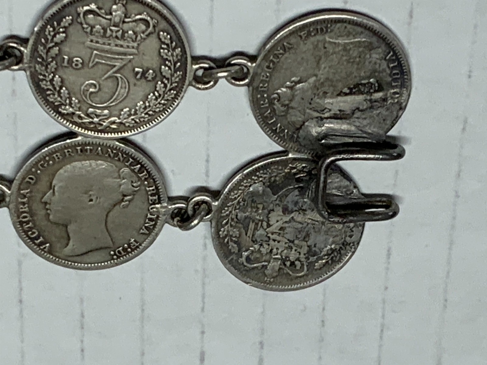VINTAGE BRITISH COIN LINK BRACELET VICTORIAN ERA, 20-3 PENCE COINS 1873-1884