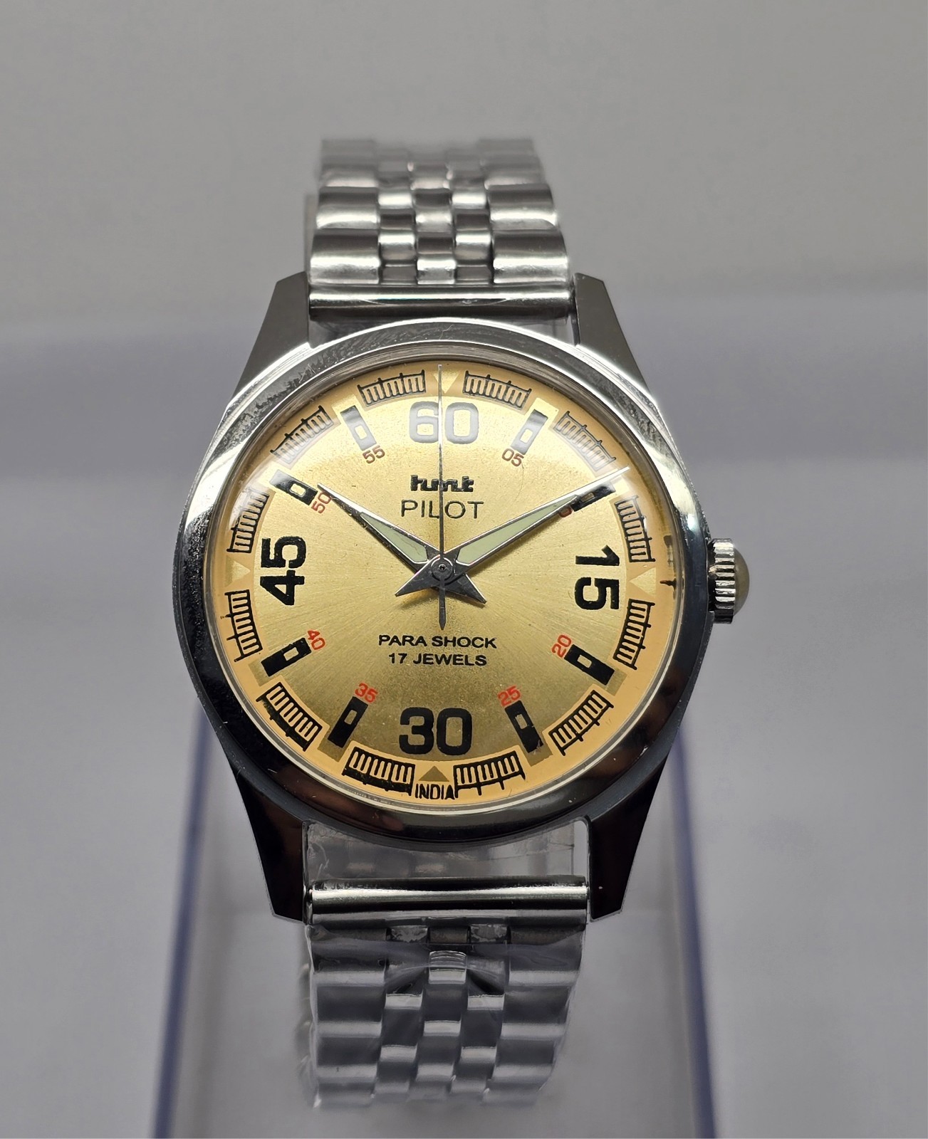 Vintage Hmt Pilot Gold Dial 17 Jewels Mechanical hand winding Transparent Back