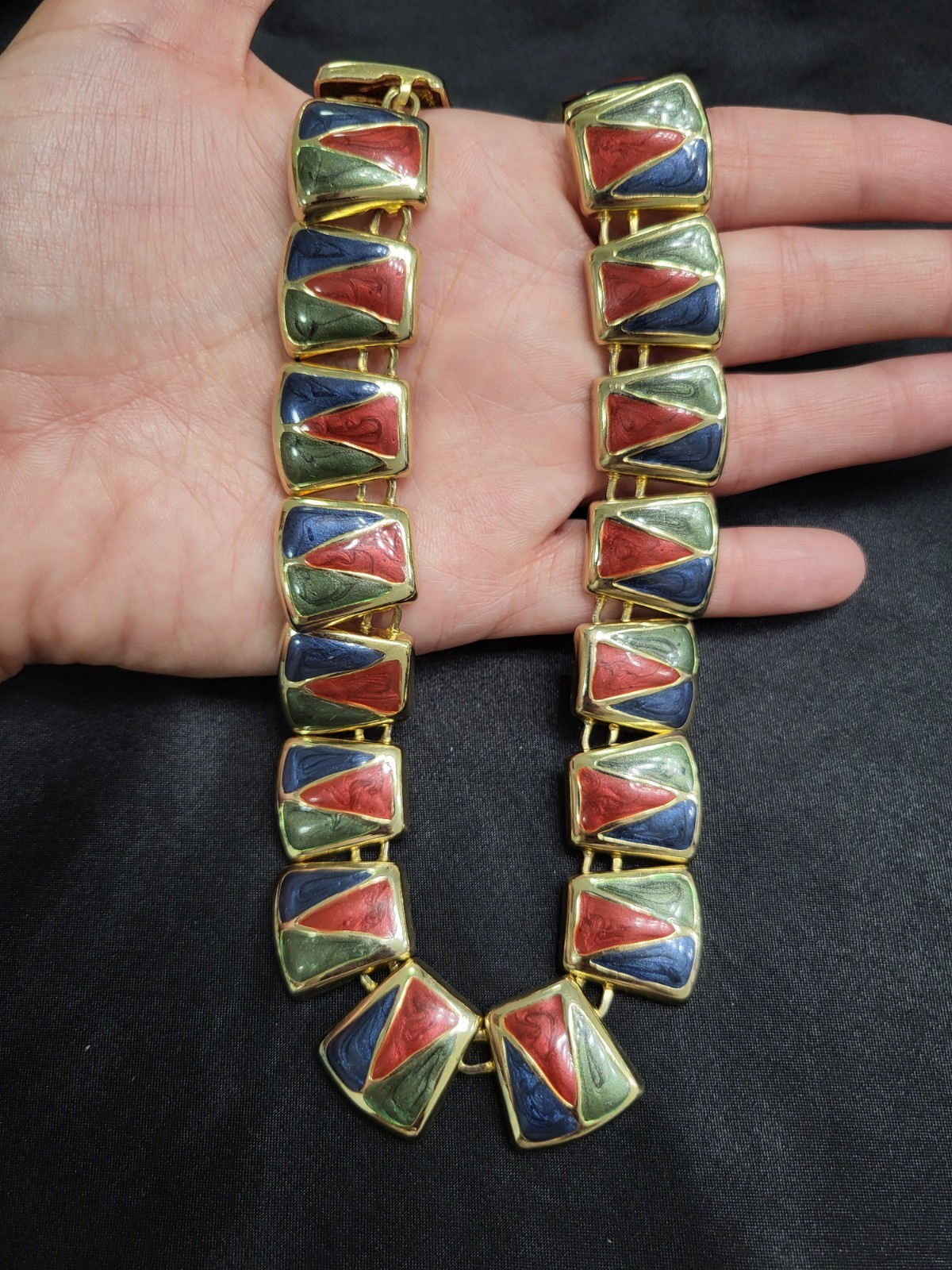 Vintage 1980s Gold Tone Enamel Geometric Panel Collar Choker Statement Necklace