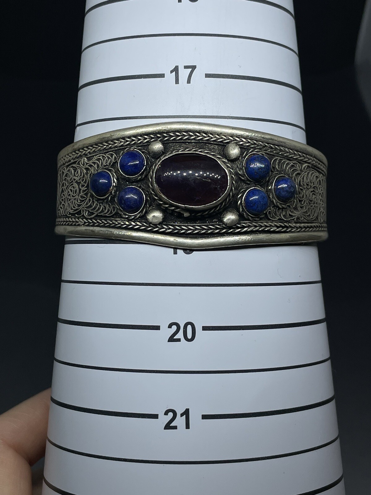 VTG READ! TIBETAN NOT SILVER SILVERTONE METAL AMETHYST LAPIS 7.3” CUFF BRACELET