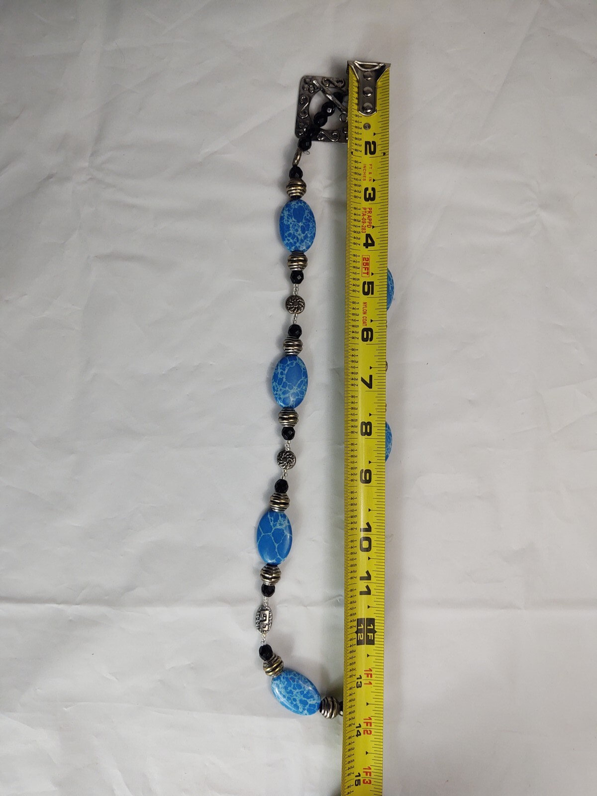 Vtg Beaded Necklace Toggle Closure Blue Black Silver Tone Beads Costume Jewelry