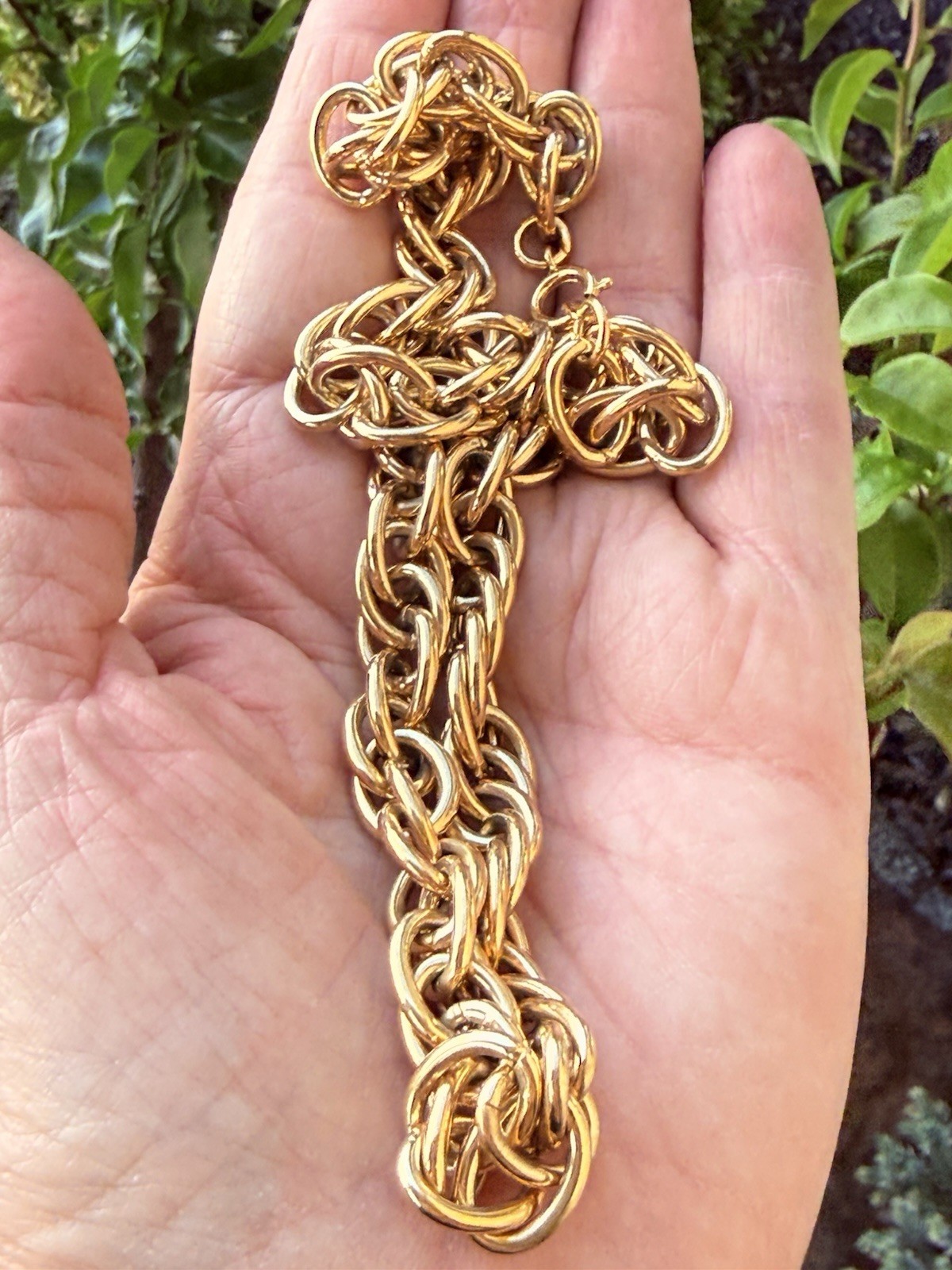 Vintage Signed Trifari TM Double Link Rope Heavy Gold Plated Chain Necklace 18″L