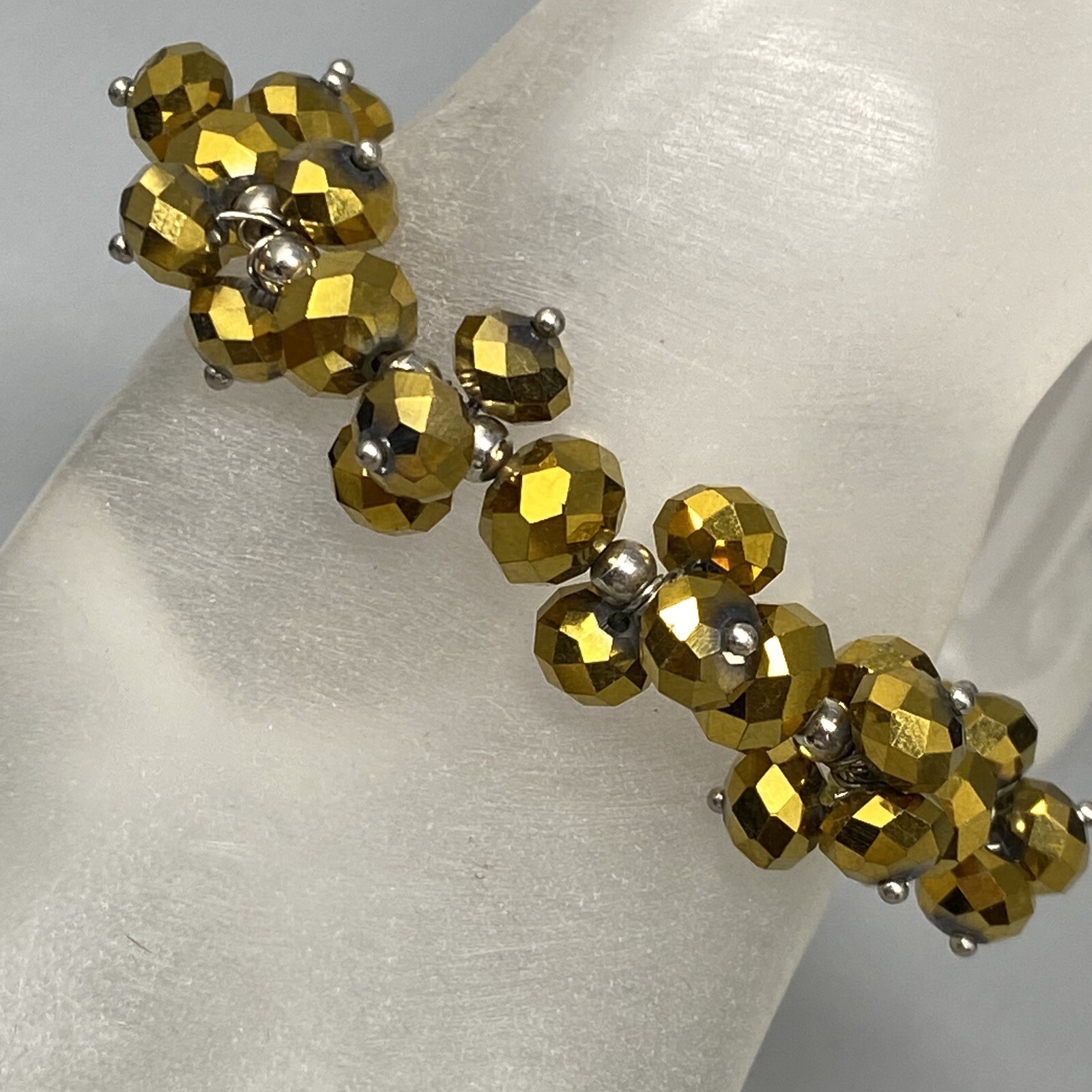 Stretch Bead Bracelet Gold Faceted Glass Cluster Fire Polished Iridescent 6.75″