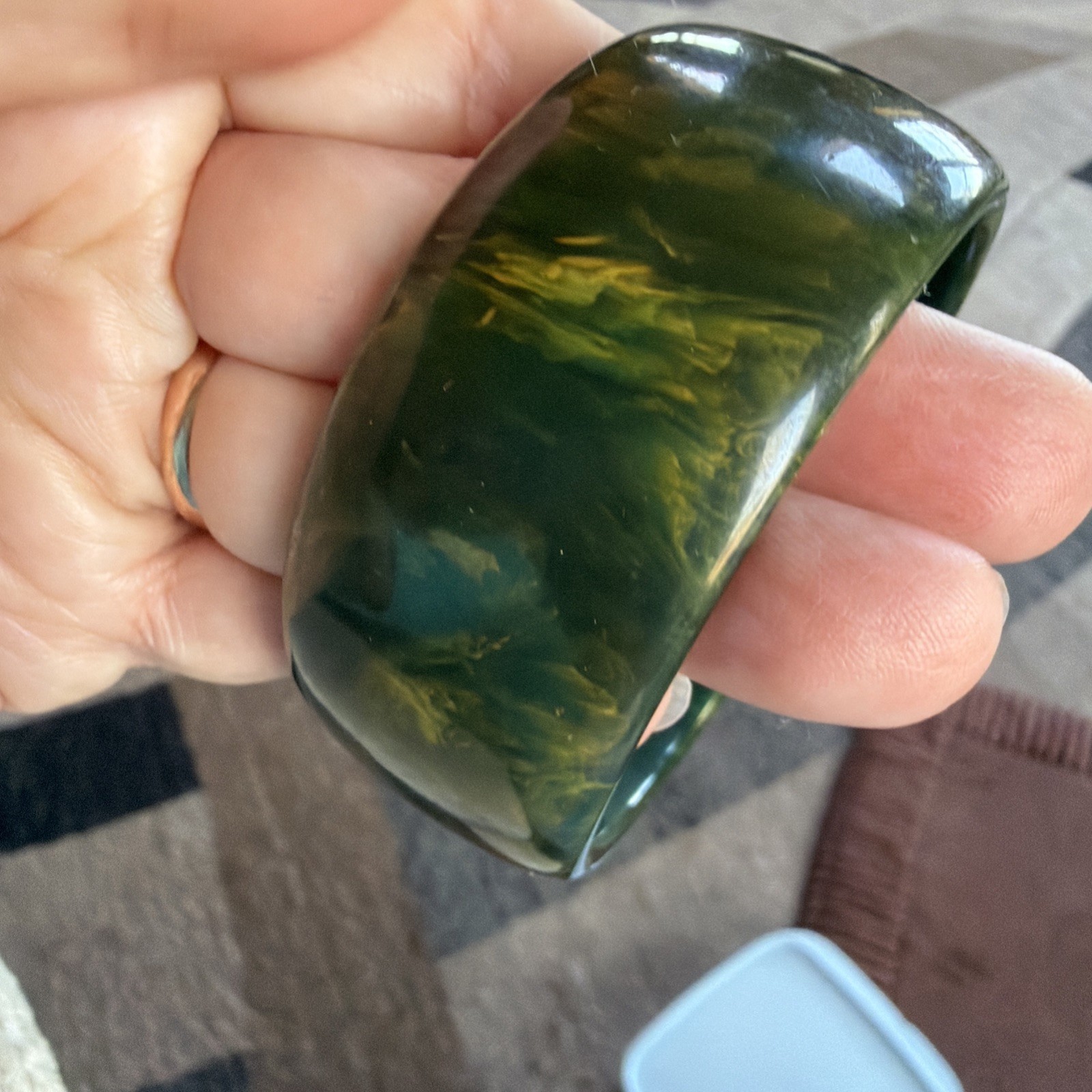 Vintage Blue Moon Wide 44g Bakelite Bangle Blue Green Marbled Bracelet Tested
