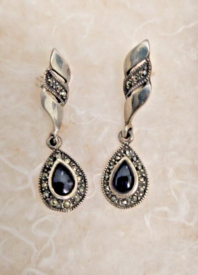 Vintage CW 925 SS/Onyx/Marcasite Dangle Earings