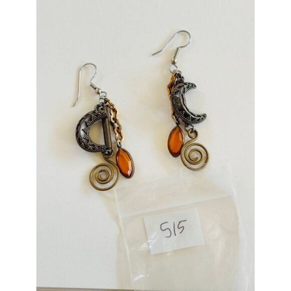 Chunky Earrings Silver brass Pierced dangle Crescent Moon Boho Modernist VTG 80s