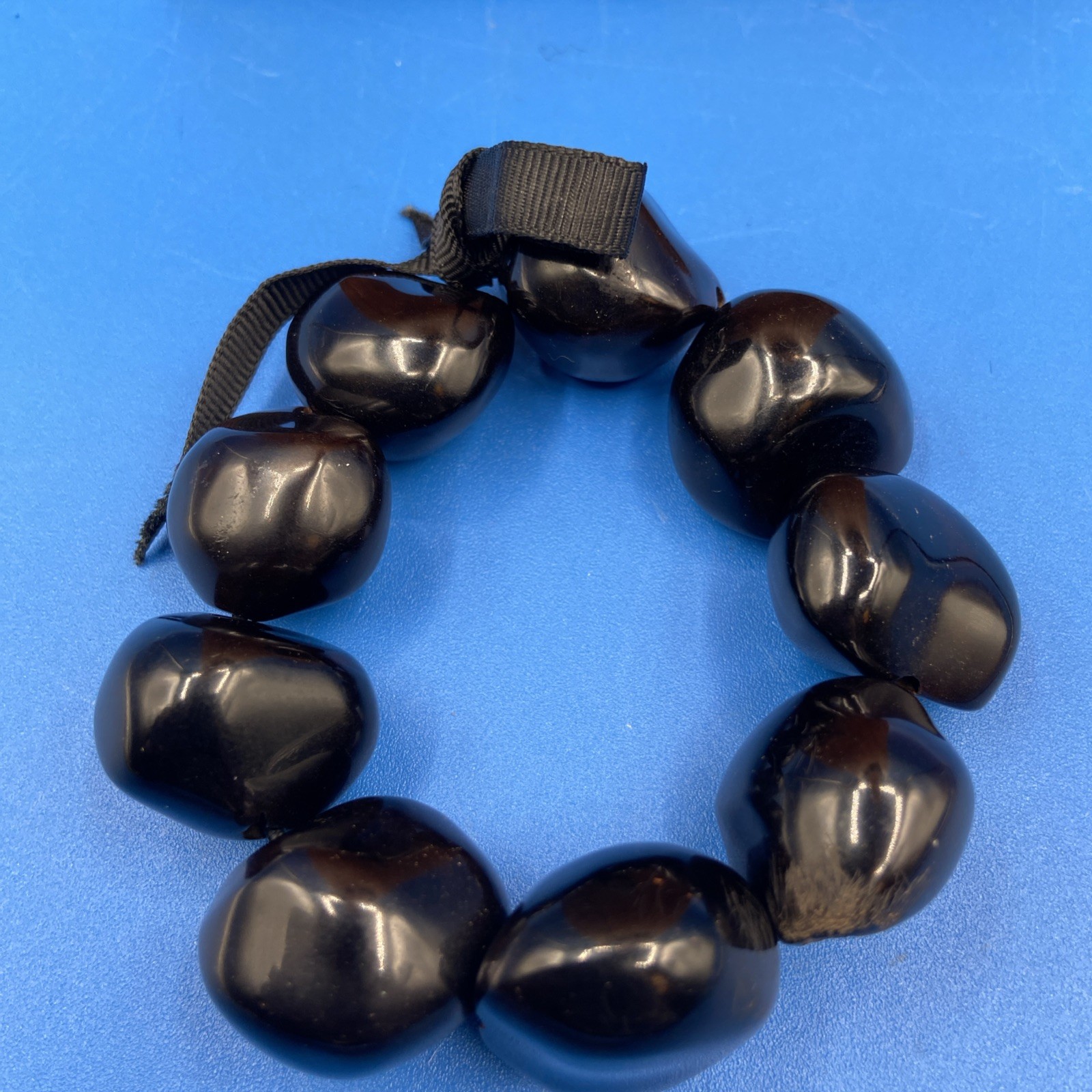 NECKLACE BRACELET vintage Set Hawaii large Kukui Nuts brown black 28″ ribbons