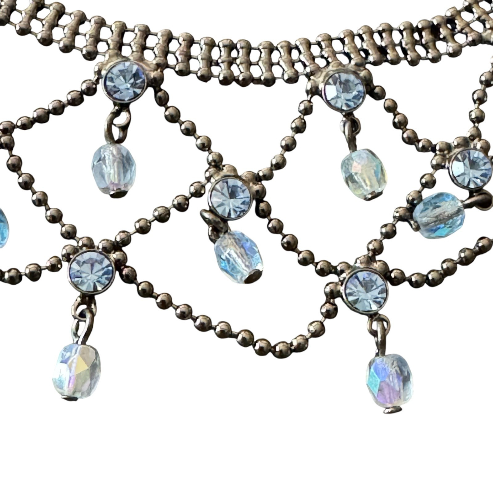 Y2K Lia Sophia Blue Rhinestone Lace Bib Choker Necklace Coquette Bead Fringe