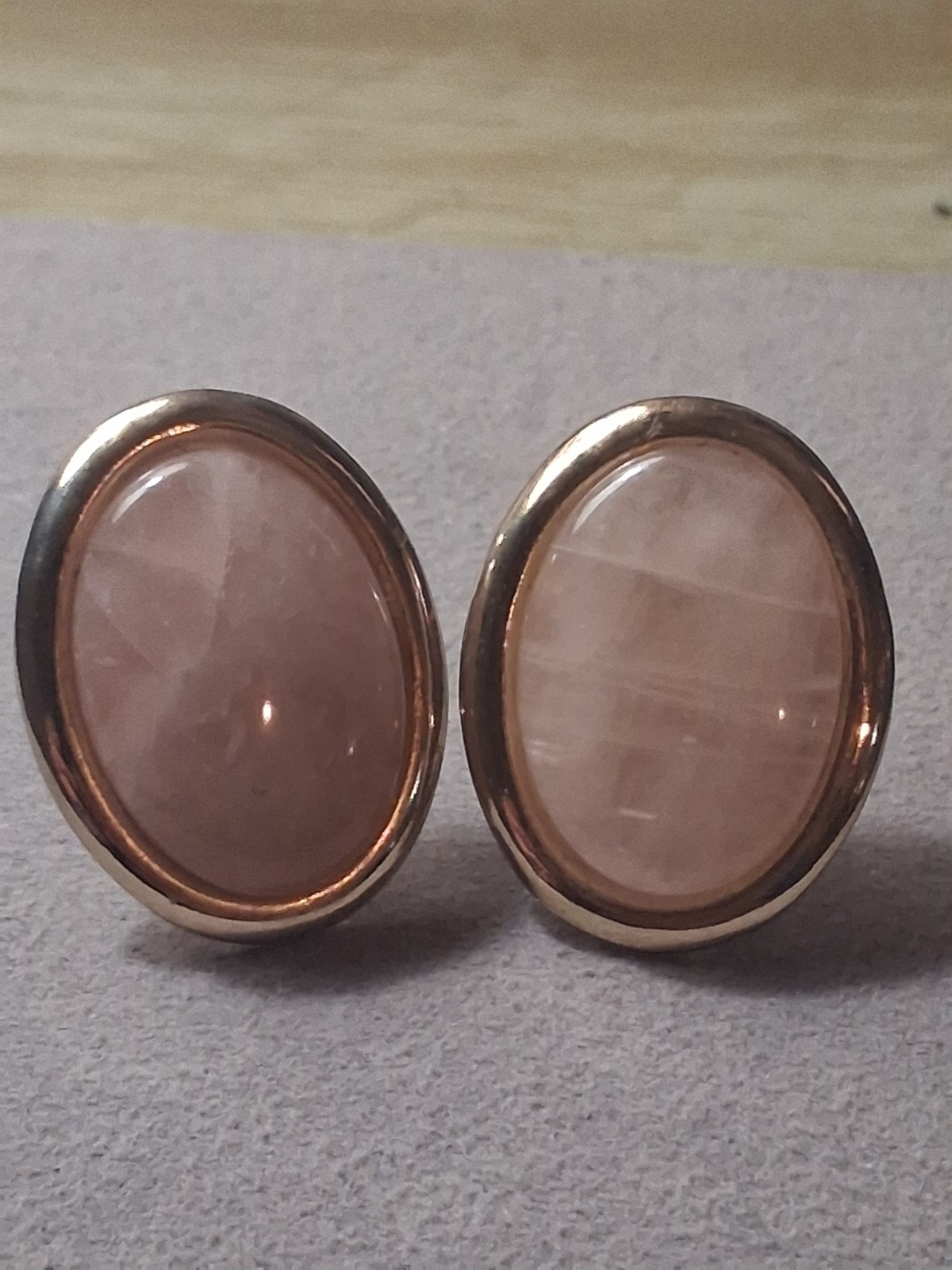 Rose quartz oval cabochon gold plated vintage earrings