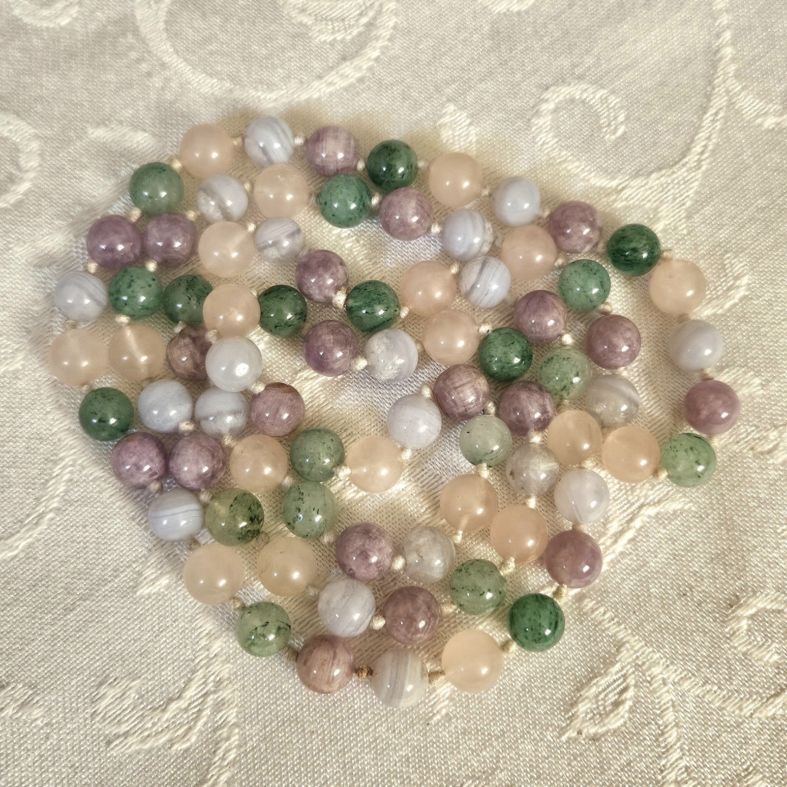 Vtg Multi Color Pastel Round Beaded Necklace Bracelet Set Jade Agate Quartz