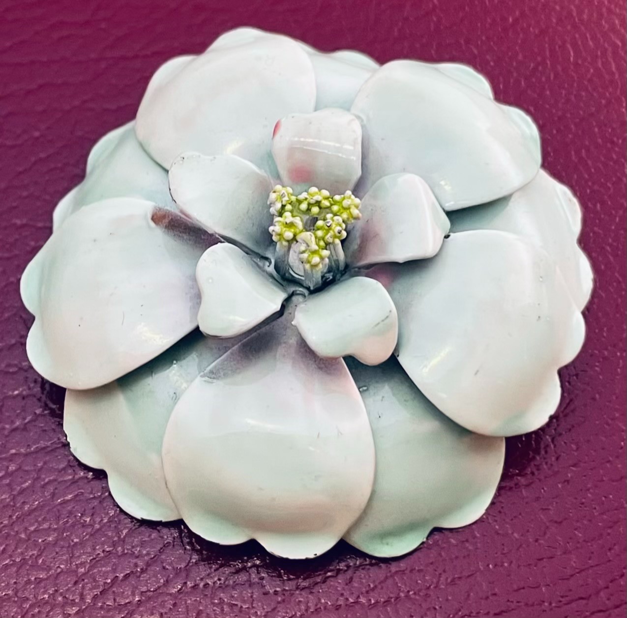Vintage Enamel on Copper Floral Brooch Light Green 3D Poppy Flower Power 2.25″