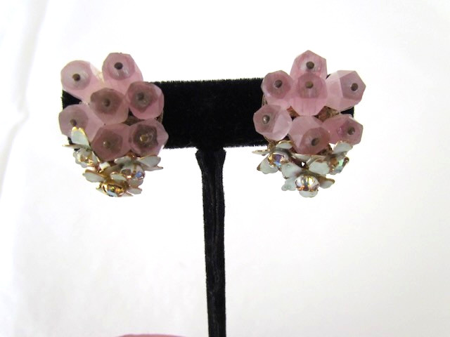 Vintage Sandor Earrings Rose Quartz Floral Cluster Enamel AB Rhinestones RARE