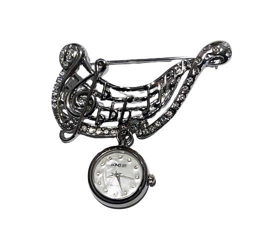 Vintage MUSIC NOTES Trebel Clef BOND ST WATCH Brooch Pin Unsigned NEEDS BATTERY