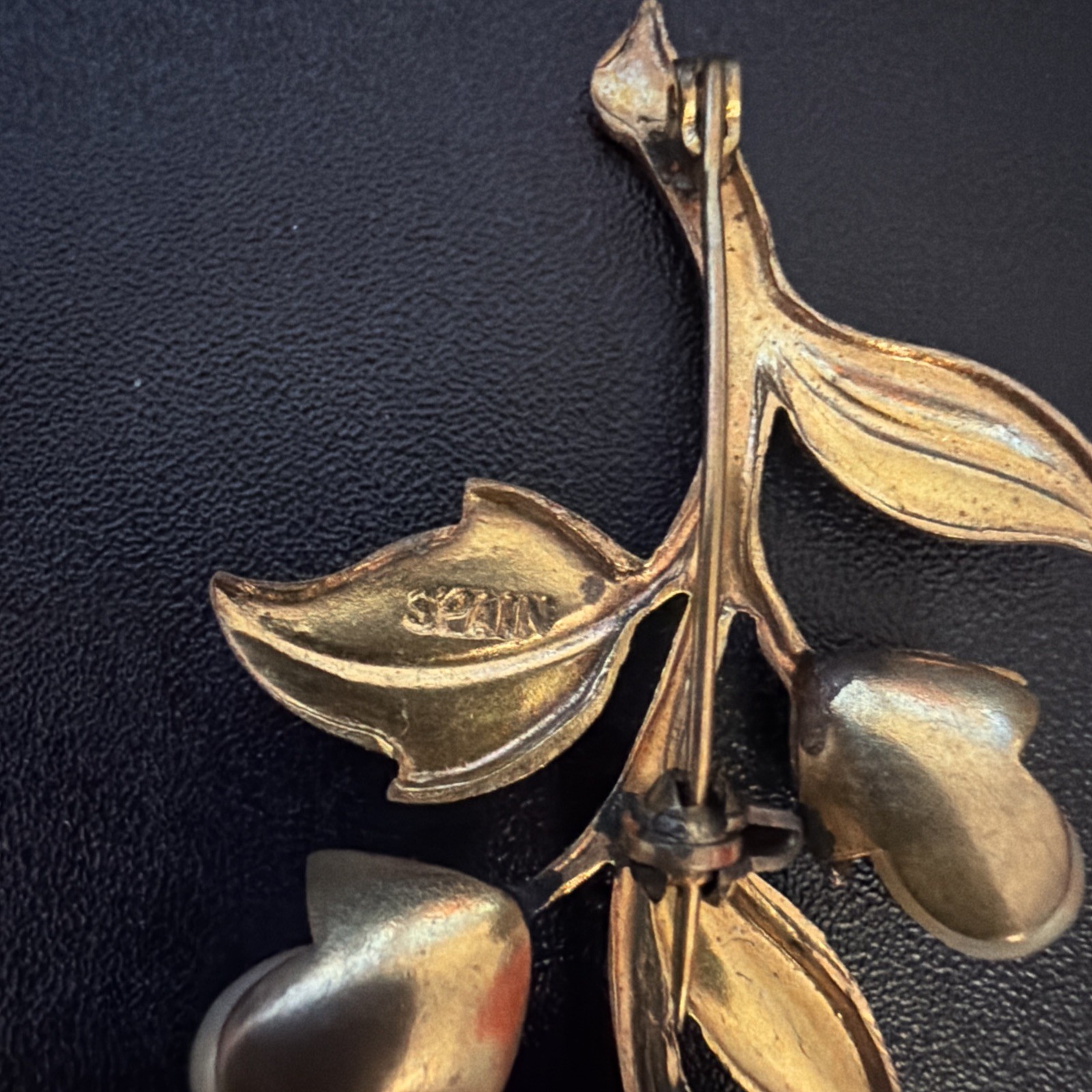 Damascene Brooch Faux Pearl Flower Bouquet Floral Vintage Spanish Estate Pin