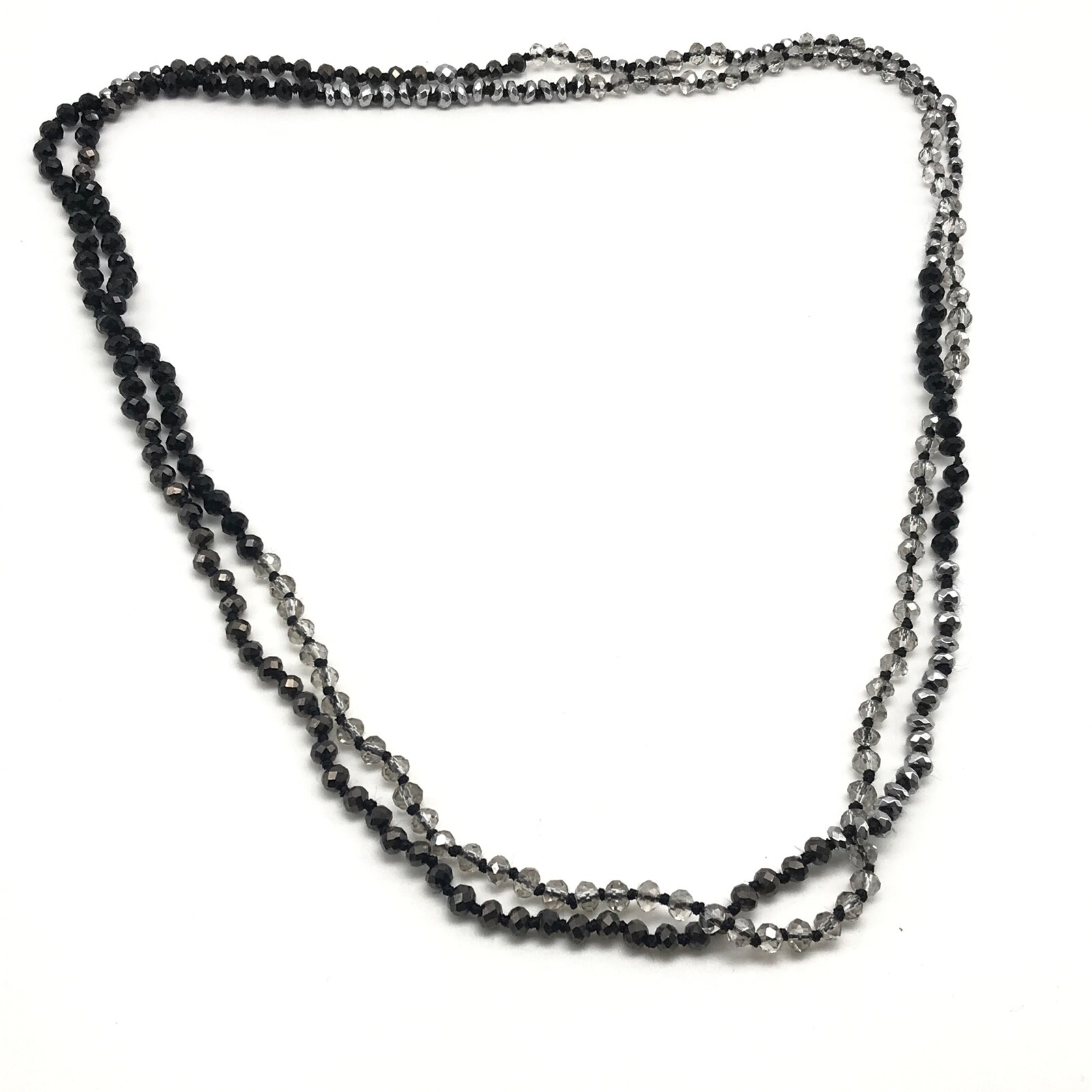 Vintage Clear Crystal Black Faceted Glass Beaded Long Hand Knot Strand Necklace