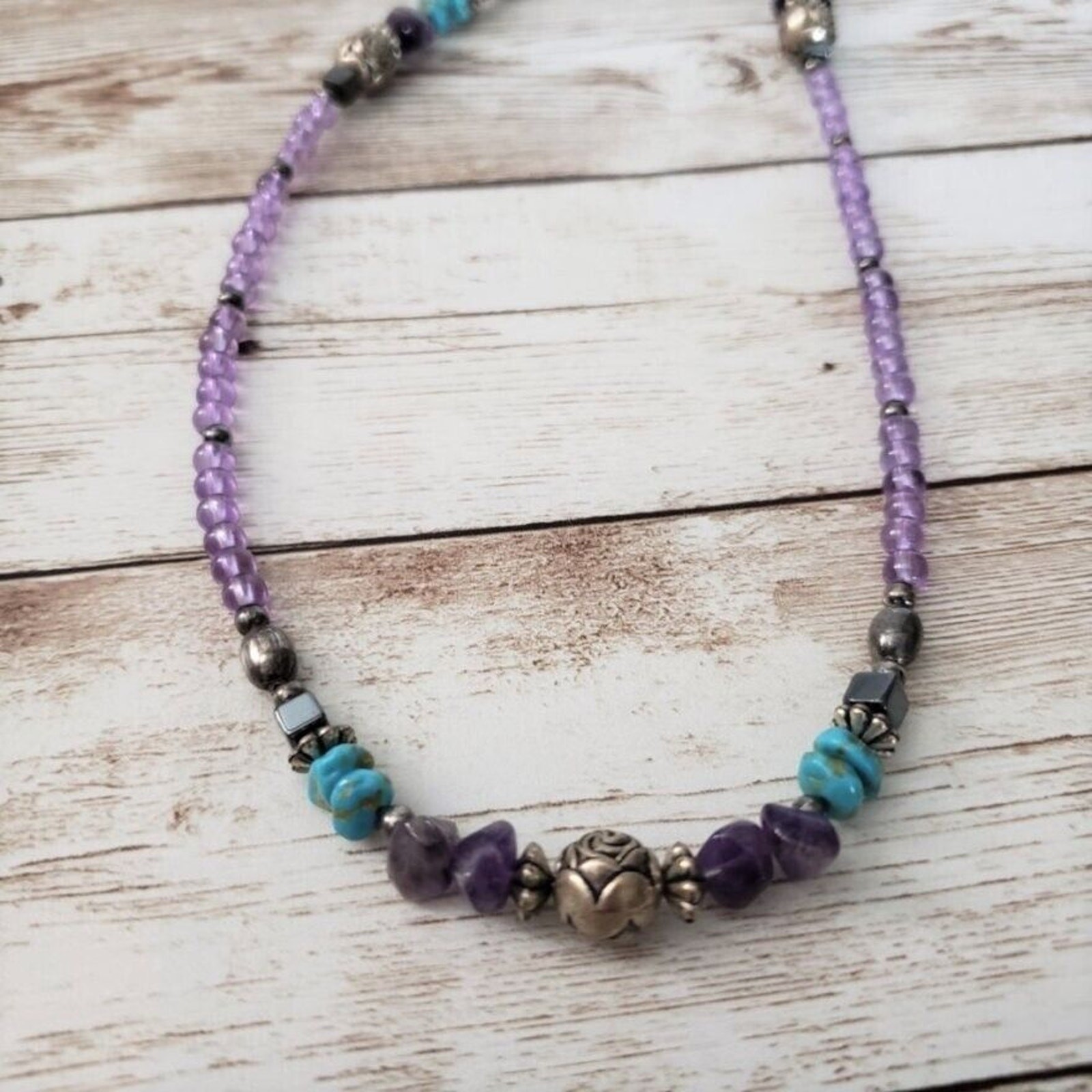 Vintage Necklace Beaded Purple, Blue, Black, Silver Tone (Can Be Layered)