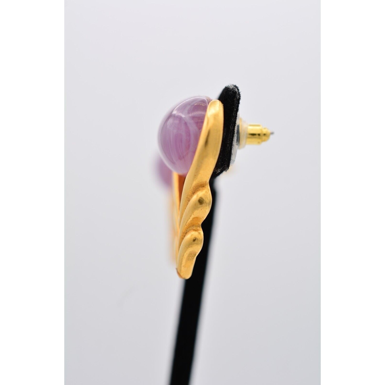 Vintage Cabochon Earrings Purple Marbled Lucite Brushed Gold Dangle Drop 90s 9L