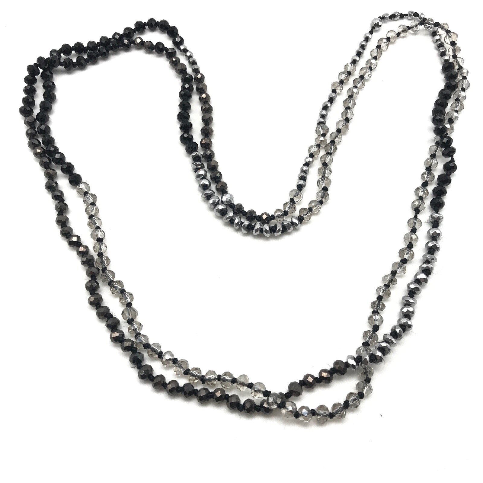 Vintage Clear Crystal Black Faceted Glass Beaded Long Hand Knot Strand Necklace