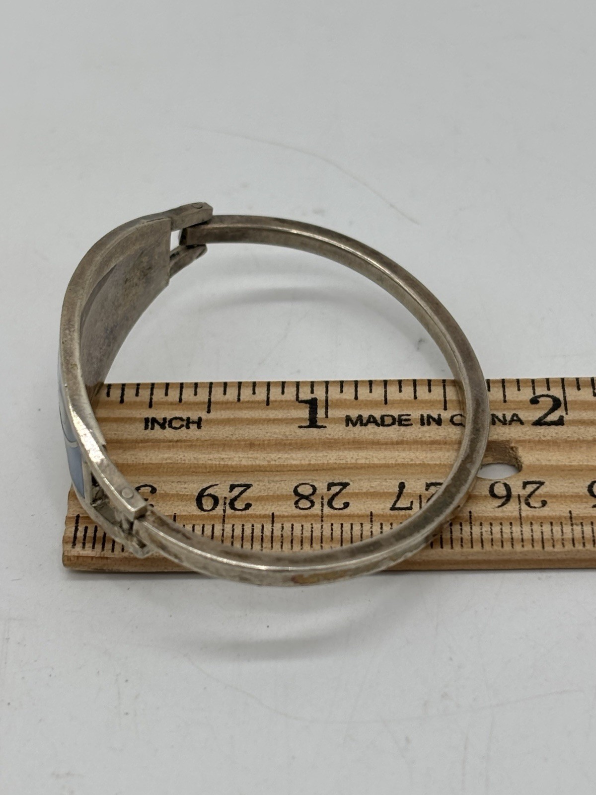 Alpaca Mex 925 Abalone Shell Mother Of Pearl Inlay Hinged Bangle Bracelet 5.5”