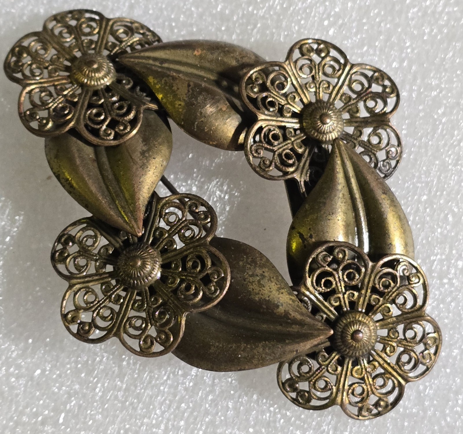 Antique Vintage Floral Filigree Brass Riveted Circle style Brooch