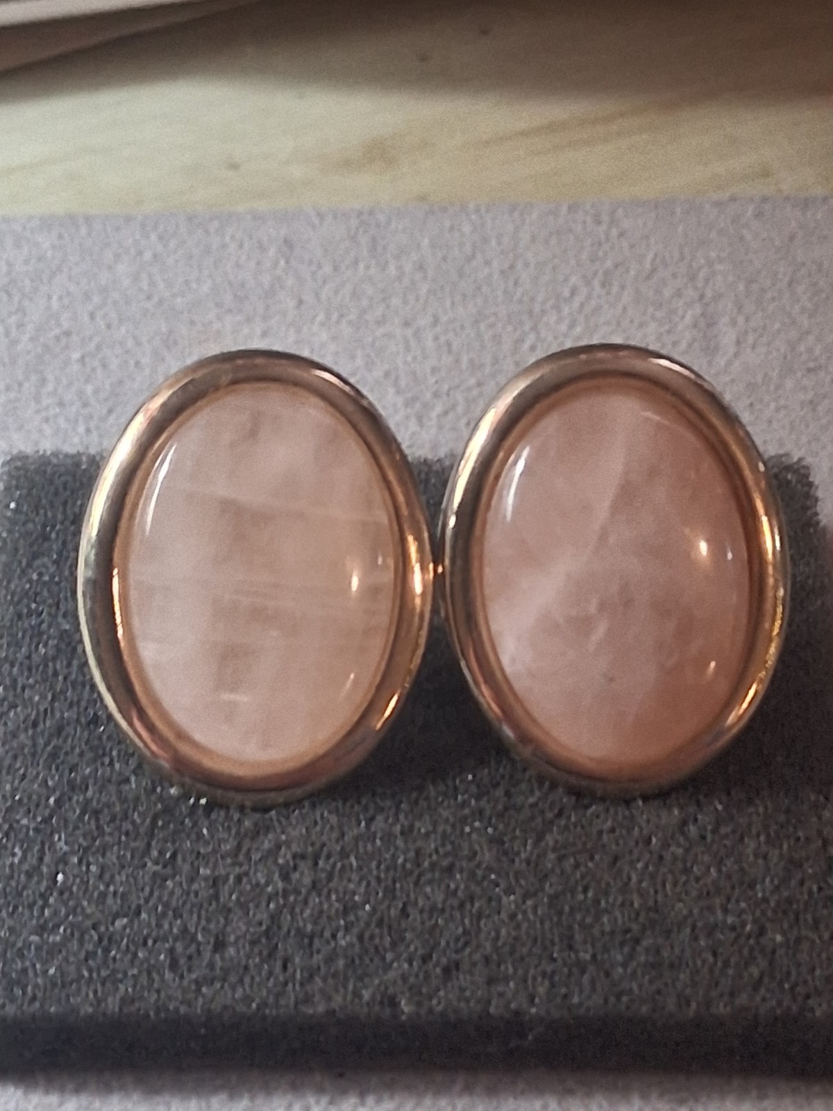 Rose quartz oval cabochon gold plated vintage earrings