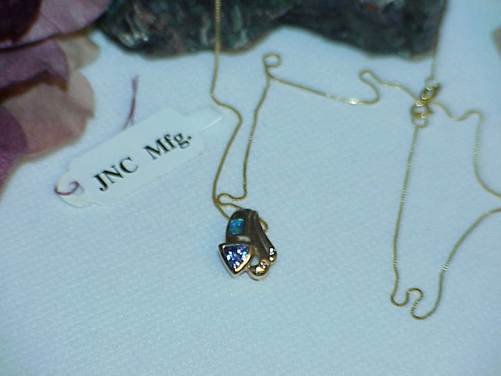 14K Black Opal Trillion Tanzanite 2 Diamond Pendant Necklace Yellow Gold New Tag
