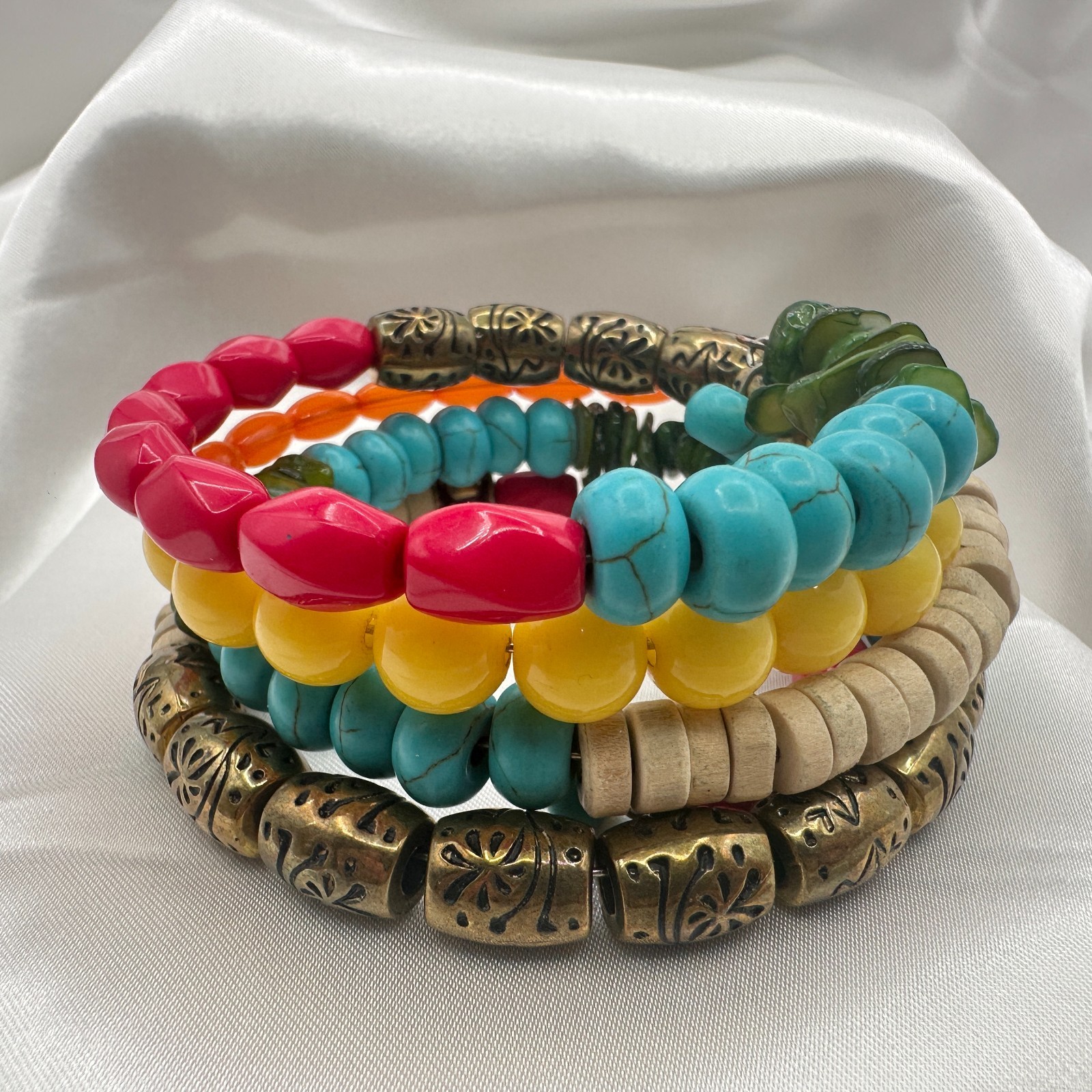 Vintage 90s Multi-Strand Wrap Bracelet Colorful Glass Wood Metal Bead Jewelry
