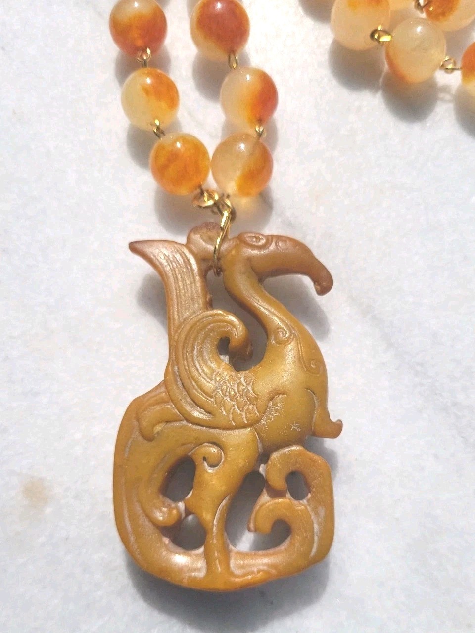 VINTAGE CARVED JADE PHOENIX DRAGON PENDANT JADE GEM BEAD WIRE NECKLACE SET OOAK