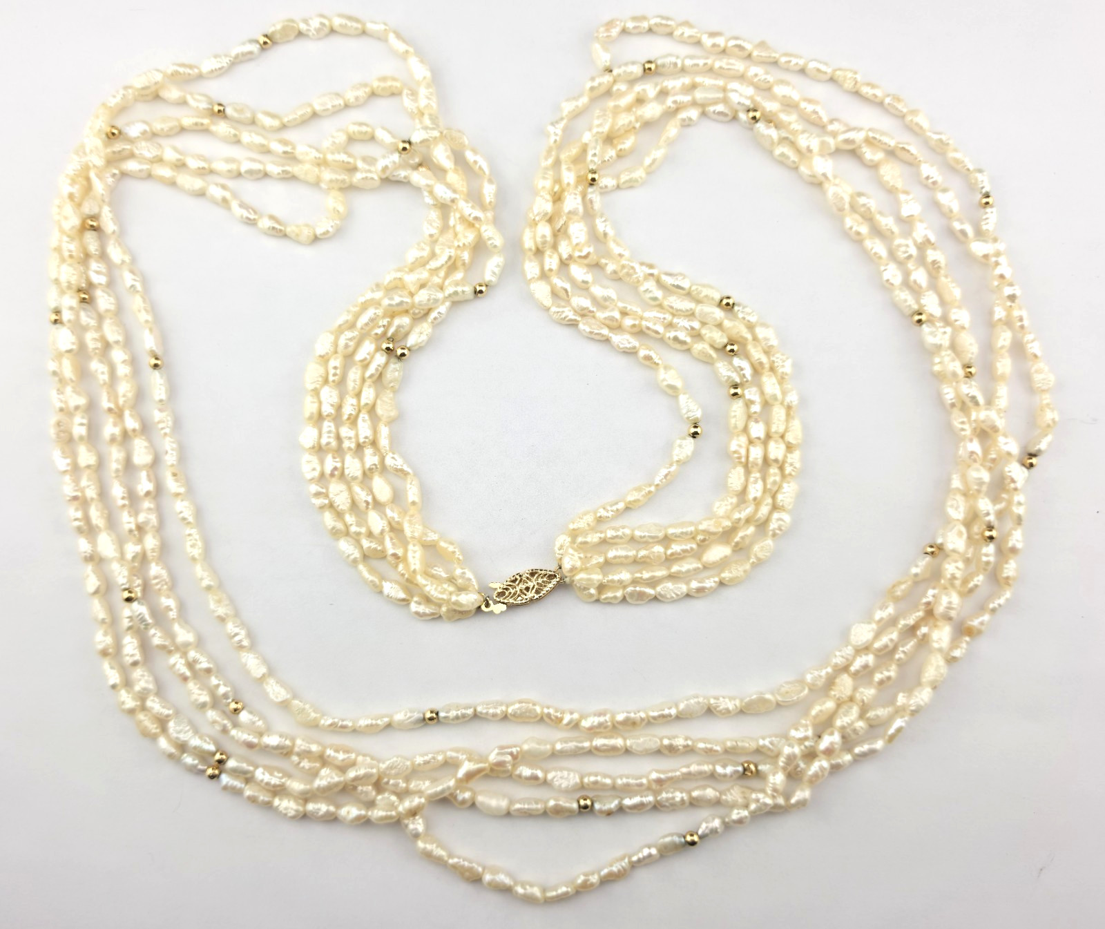 Vintage 5 Strand Cream Rice Pearl 35″ Necklace 14k Yellow Gold Accents